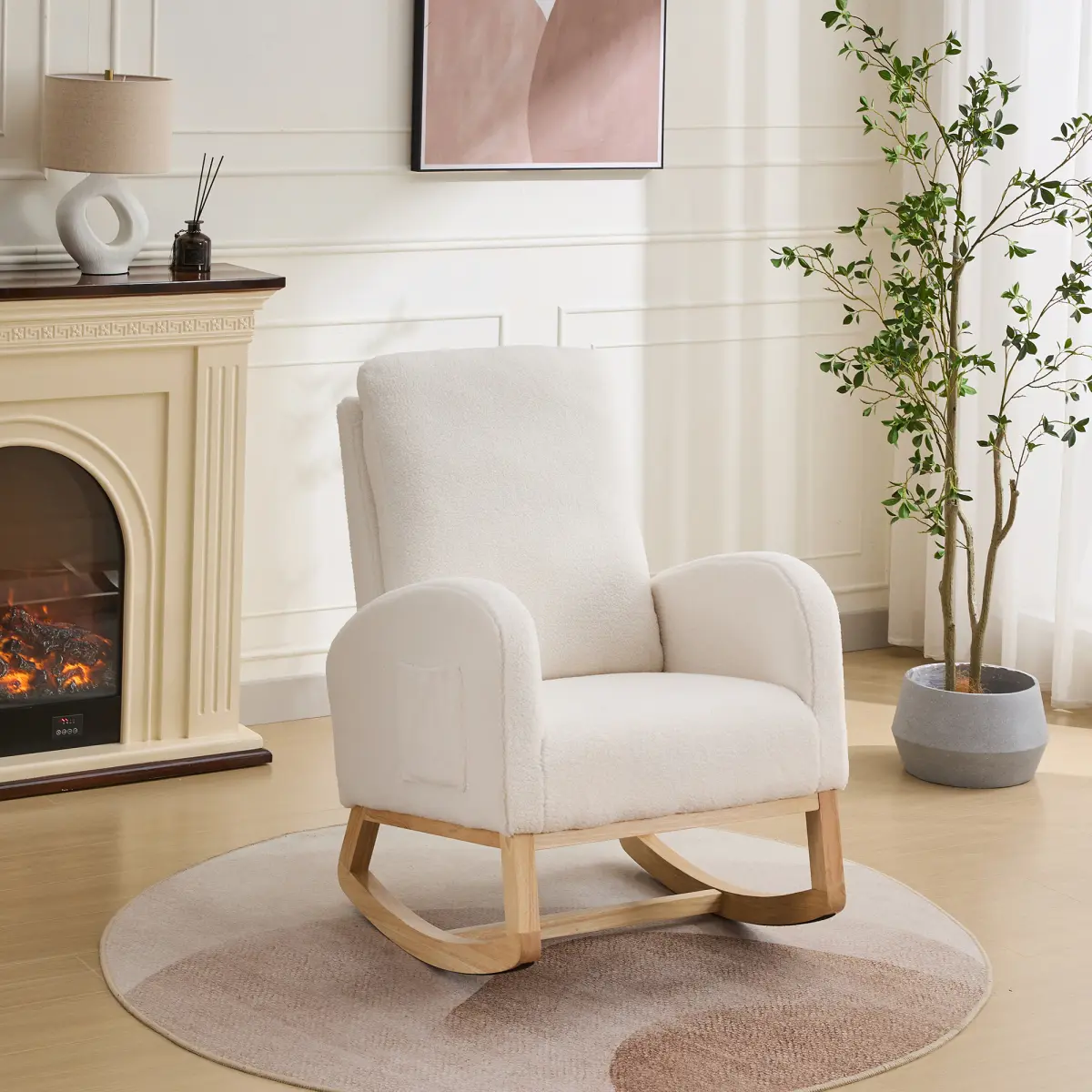 Cozy Teddy Fleece Nursery Rocker Chair, Ergonomic High Back Nursing Glider Armchair with Side Pocket & Solid Wood Base for Breastfeeding & Bedroom, Multi-Color