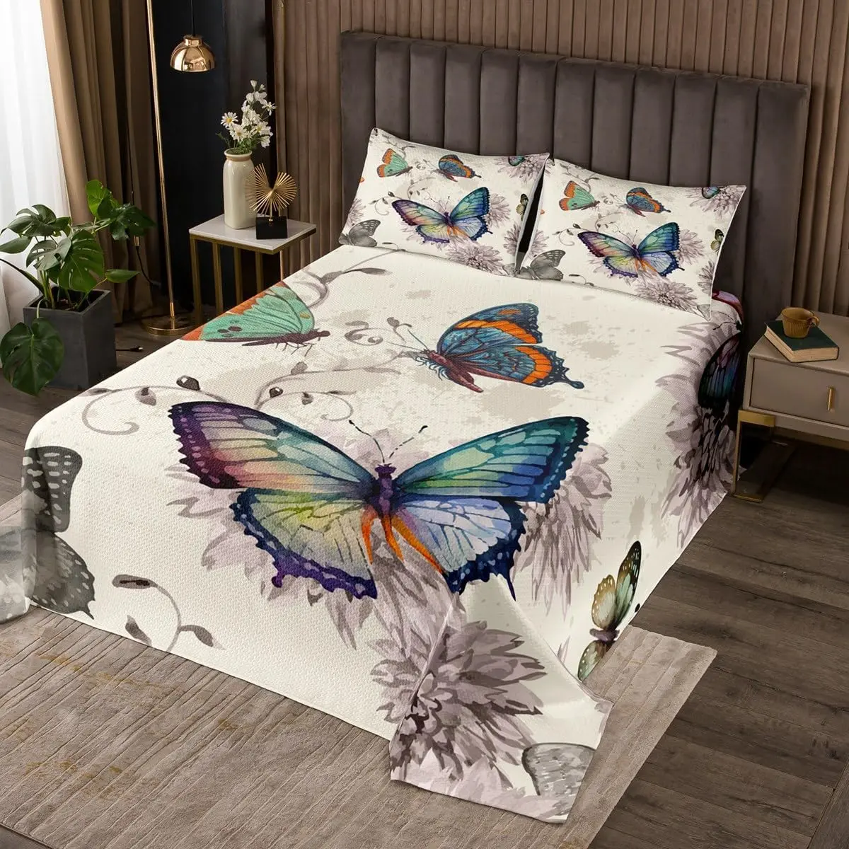 Butterfly Quilted Watercolor Flower Queen Size Bedspread for Women Girls Teens Colorful Butterfly Floral Coverlet Set Vintage Grunge Floral Quilt Set for Bedroom Decor