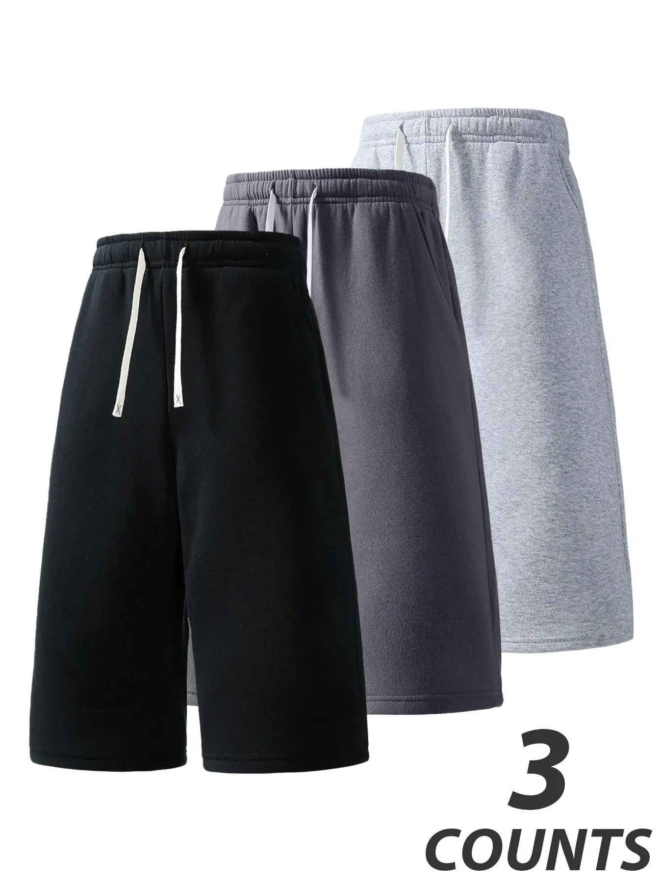3 Counts Men Solid Color Elastic Drawstring Waist 8 Inch Capri Sweat Shorts, Oversized Loose Wide Leg Knee Length Casual Bermuda Bottoms, Multi Color Daily Streetwear Jogger Shorts