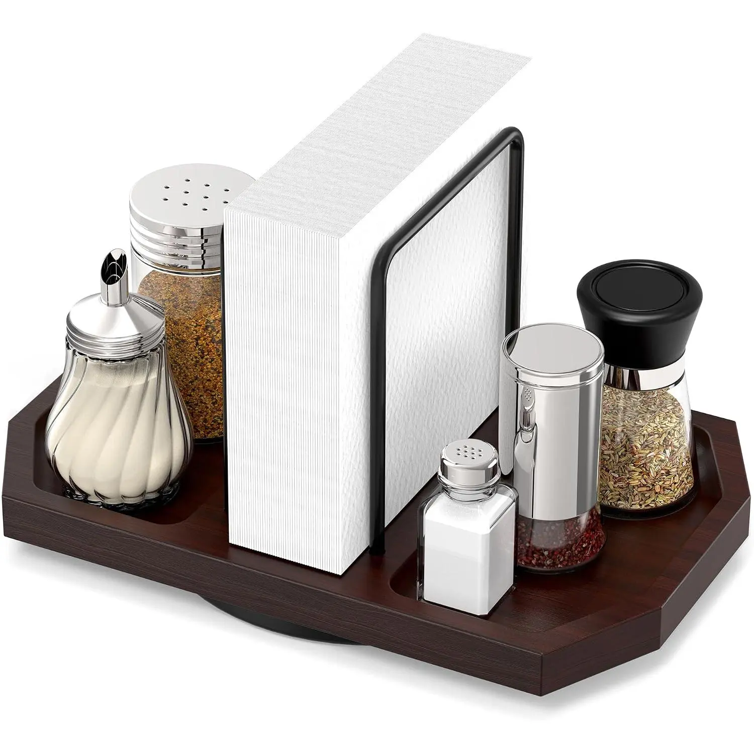 Rotating Napkin Holder for Table with Salt Storage, Brown | Napkin Dispenser with Salt and Pepper Shakers Storage, Standing Paper Napkin Organizer for Kitchen, Dining Room, Table Decor