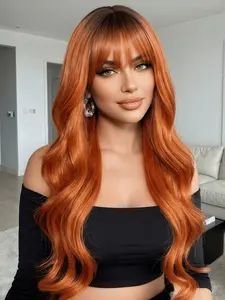 Long Wavy Ginger Orange Wig with Bangs for Women, Vibrant Copper Red Body Wave Synthetic Wig, Heat Resistant Fiber Hair Replacement Wigs for Daily Party Cosplay Use, 22 Inch Natural Looking Colorful Wig