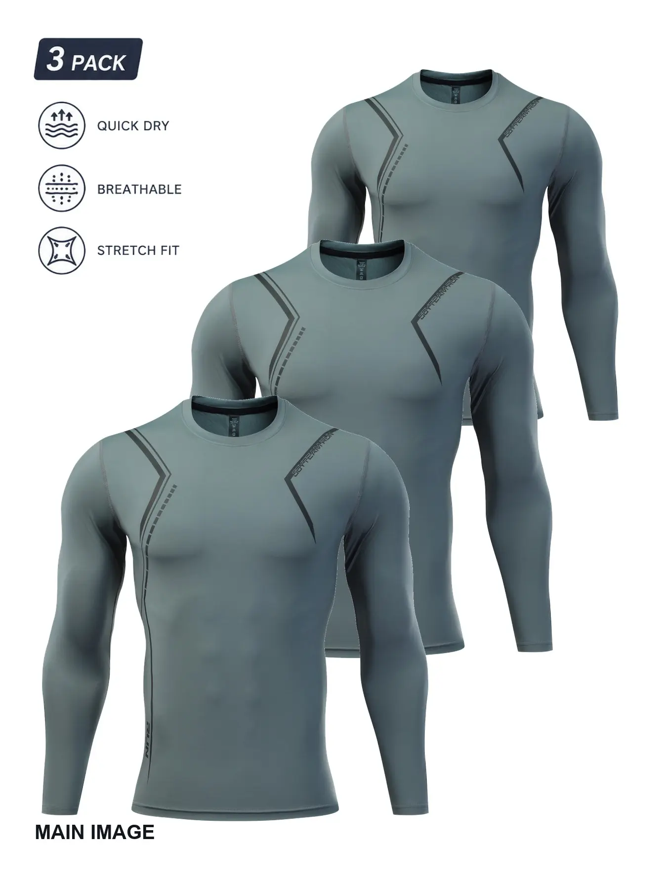 3-Pack Men’s Long Sleeve Compression Shirts, Slate Gray Quick-Dry Breathable Stretch Athletic Base Layer Tops with Black Angular Line Graphic for Gym, Running, Football and Workout Training