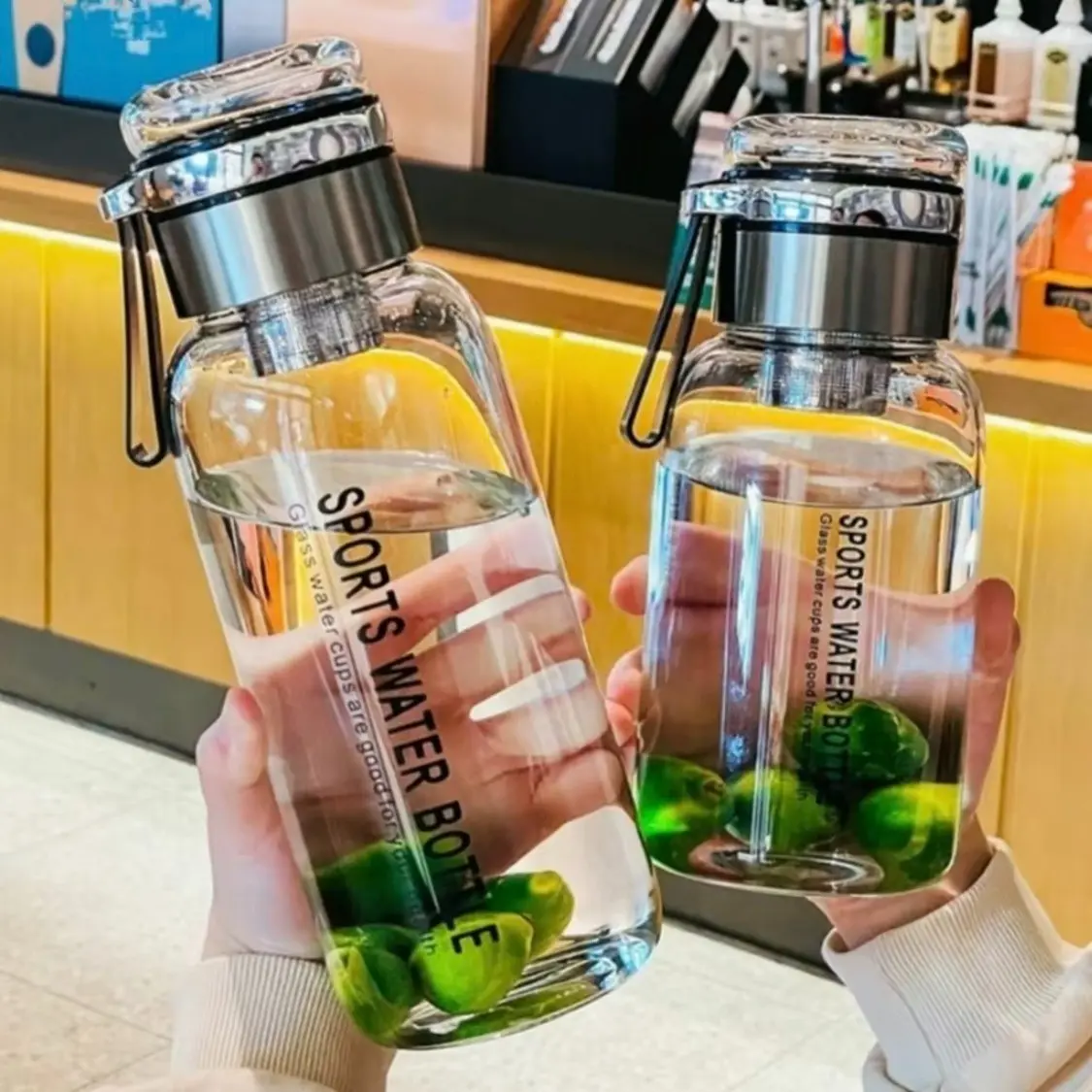 Wide Mouth Borosilicate Glass Sports Water Bottle, Summer Reusable Drinkware with Fruit & Tea Infuser, Stainless Steel Lid & Protective Sleeve, Leakproof Thickened Heat Resistant, Food Grade BPA Free Dishwasher Safe for Gym Camping Office Home Daily Use