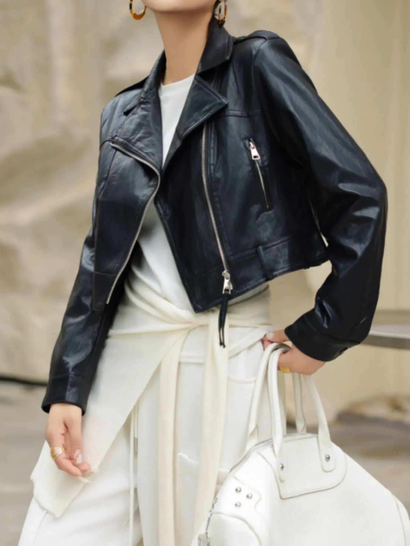 Short Motorcycle PU Leather Set, Large Lapel Slant Zipper Design, Matching Wide Leg Pants, Casual Office Wear, Korean Style