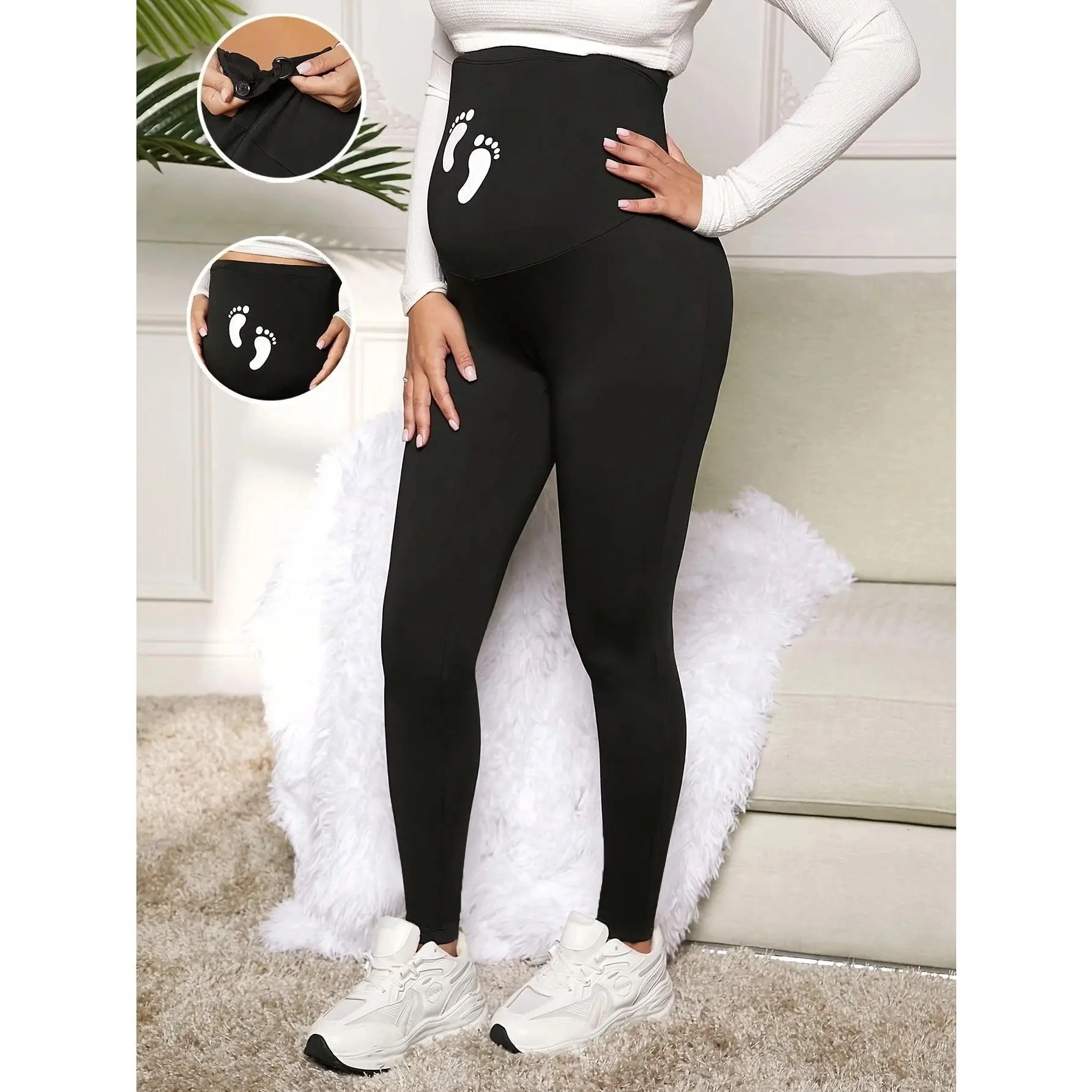 Pregnancy clothesWomen's Maternity Yoga Pants - Black, Summer Casual, Stretchable, Modest, Sporty Chic, Elastic Waist, Pregnancy Themed Graphic Maternity Clothing & Accessories, Footprint Print (Pairs Well with White Top & Sneakers)