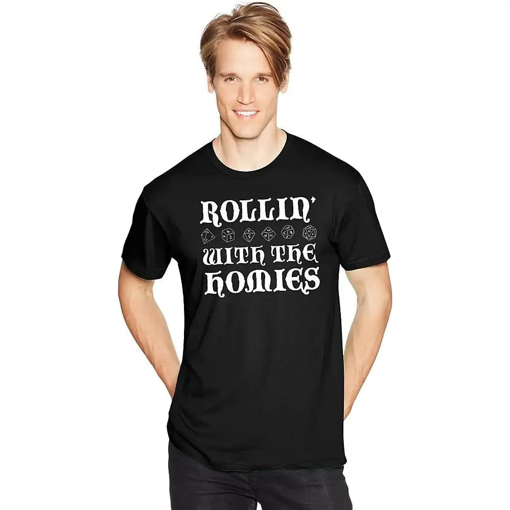 Women's Rollin' With The Homies Round Neck T-Shirt - 100% Cotton Casual Classic Fit Short-Sleeve All-Over Print Soft Top, Funny DND Dice RPG Gamer Gift, Tshirt