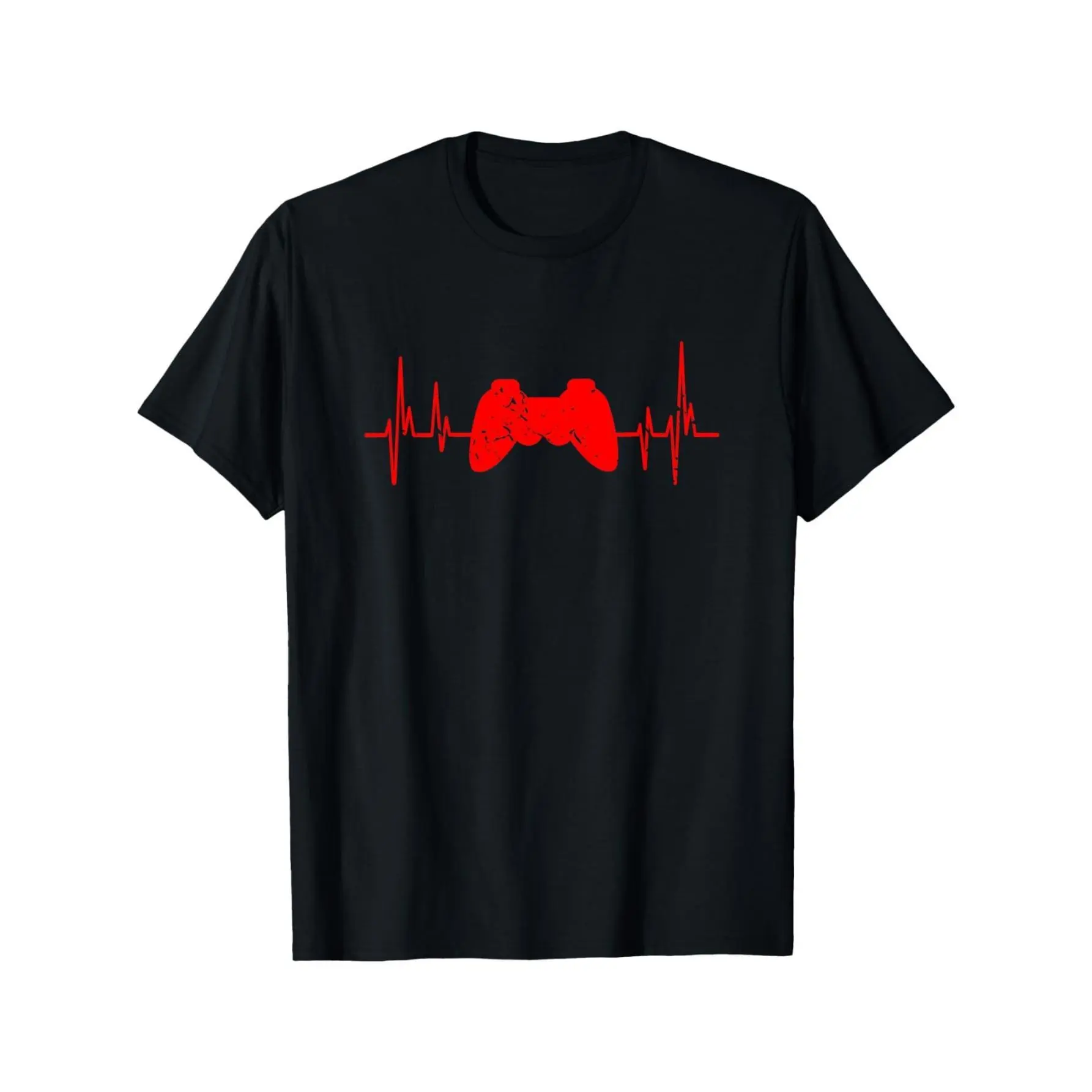 Gaming Heartbeat Graphic T-Shirt - Black Tee with Red Video Game Controller Design and ECG Lines, Fun and Creative Gift for Gamers, Perfect for Casual Wear, Summer Style