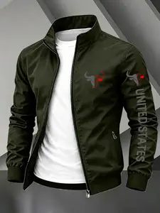 Men's Stand Collar Zip-Up Jacket, Bull Head & "UNITED STATES" Letter Print Casual Bomber Coat, Lightweight Windproof Daily Outdoor Streetwear Top #BullPrintJacket #USLetterCoat #CasualBomberStyle #WindproofOuterwear #TikTokMadeMeBuyIt