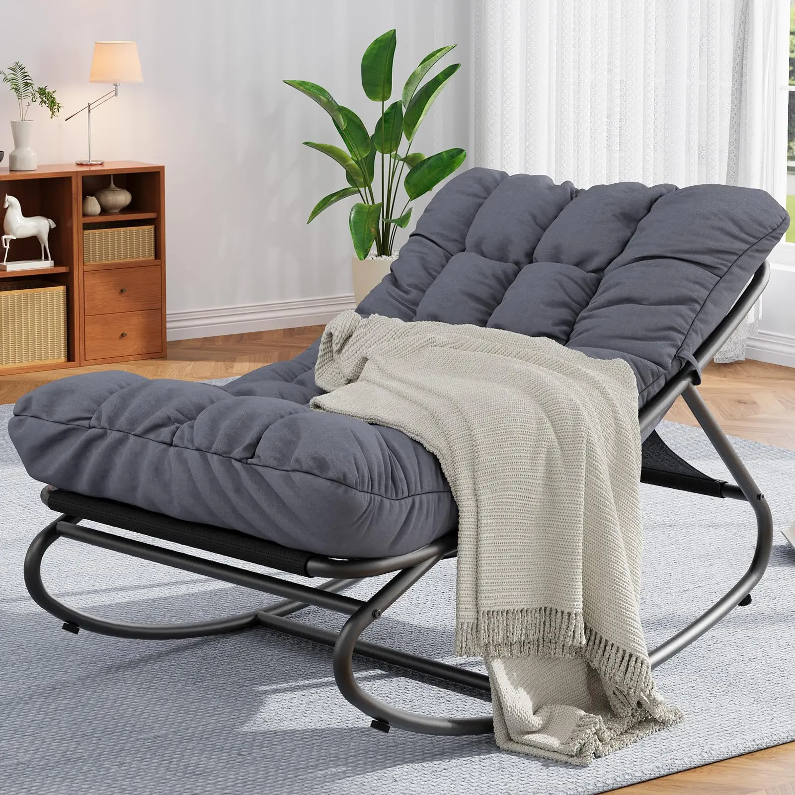 Oversized Papasan Rocking Chair, All Weather Egg Lounge Chair with Thick Quick Rebound Waterproof Oxford Cushion, Heavy Duty Rustproof Powder Coated Metal Frame 350 LBS Capacity, Removable Washable Ergonomic Indoor Outdoor Glider Seat