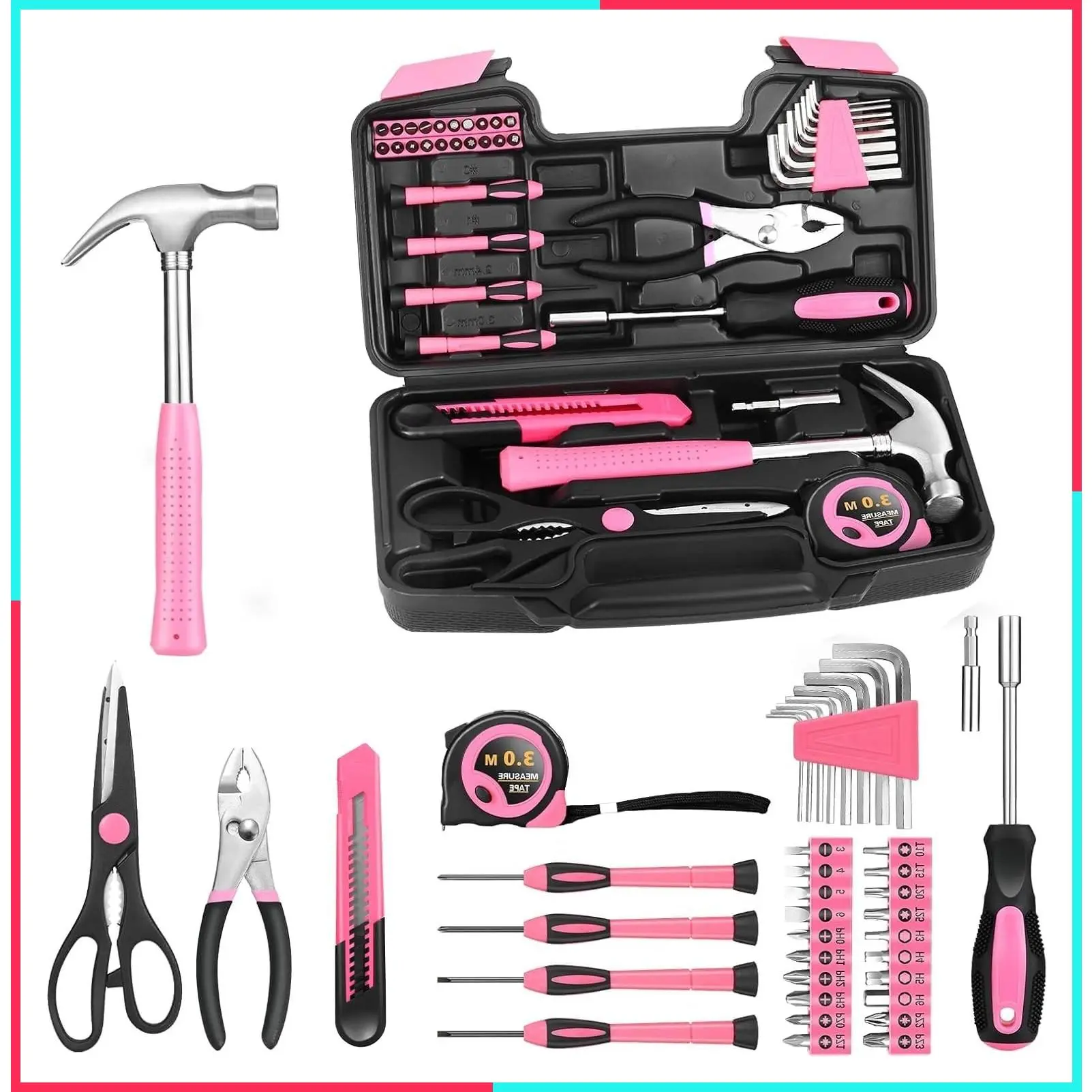 39-Piece Pink Household Tool Set with Toolbox for Women, All-Purpose Basic Tool Kit for Home, Garage, Office, College Dormitory Use