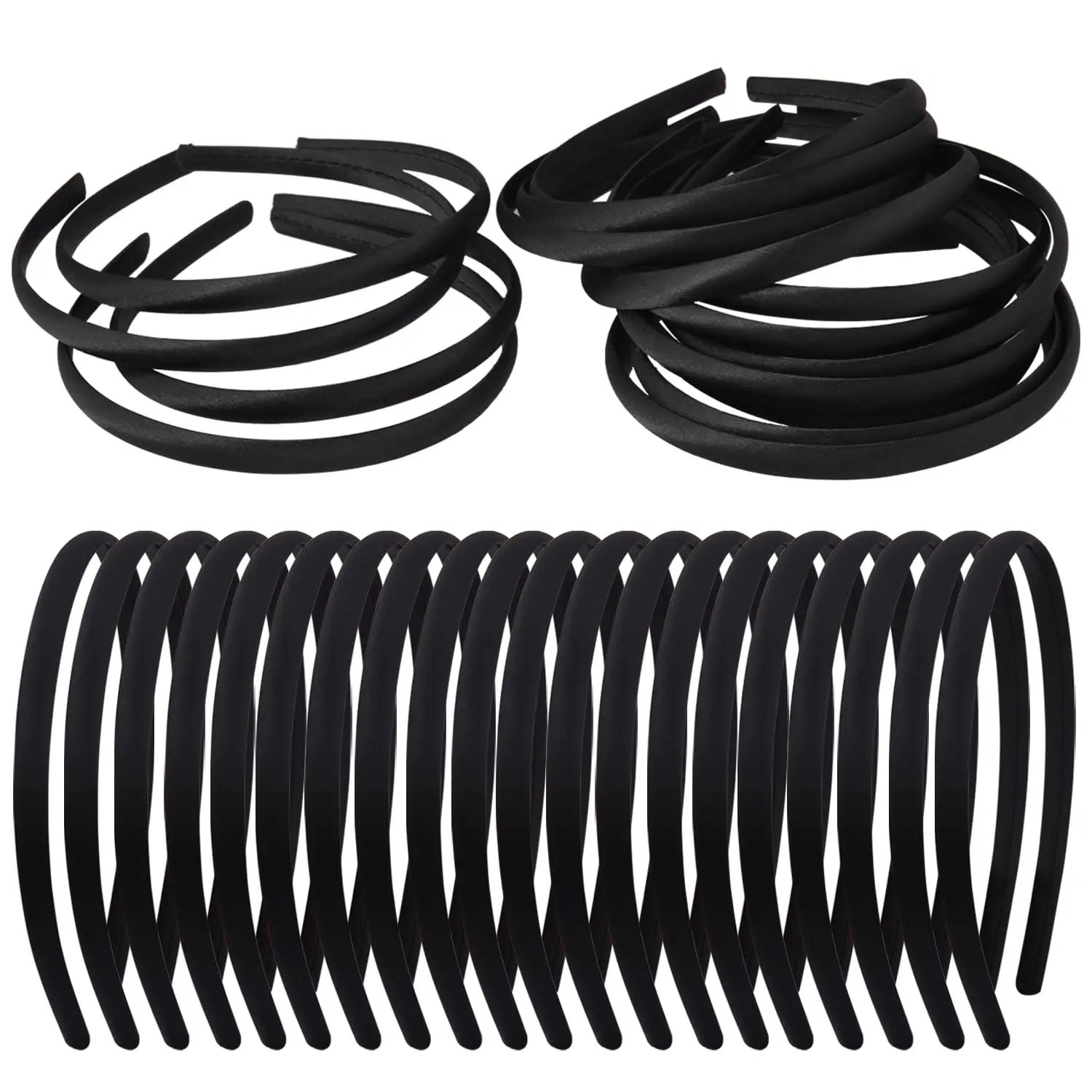 20 PCS Black Satin Covered Headbands for Girls Women Christmas Plain DIY Craft Plastic Thin Headband for Women (Black)