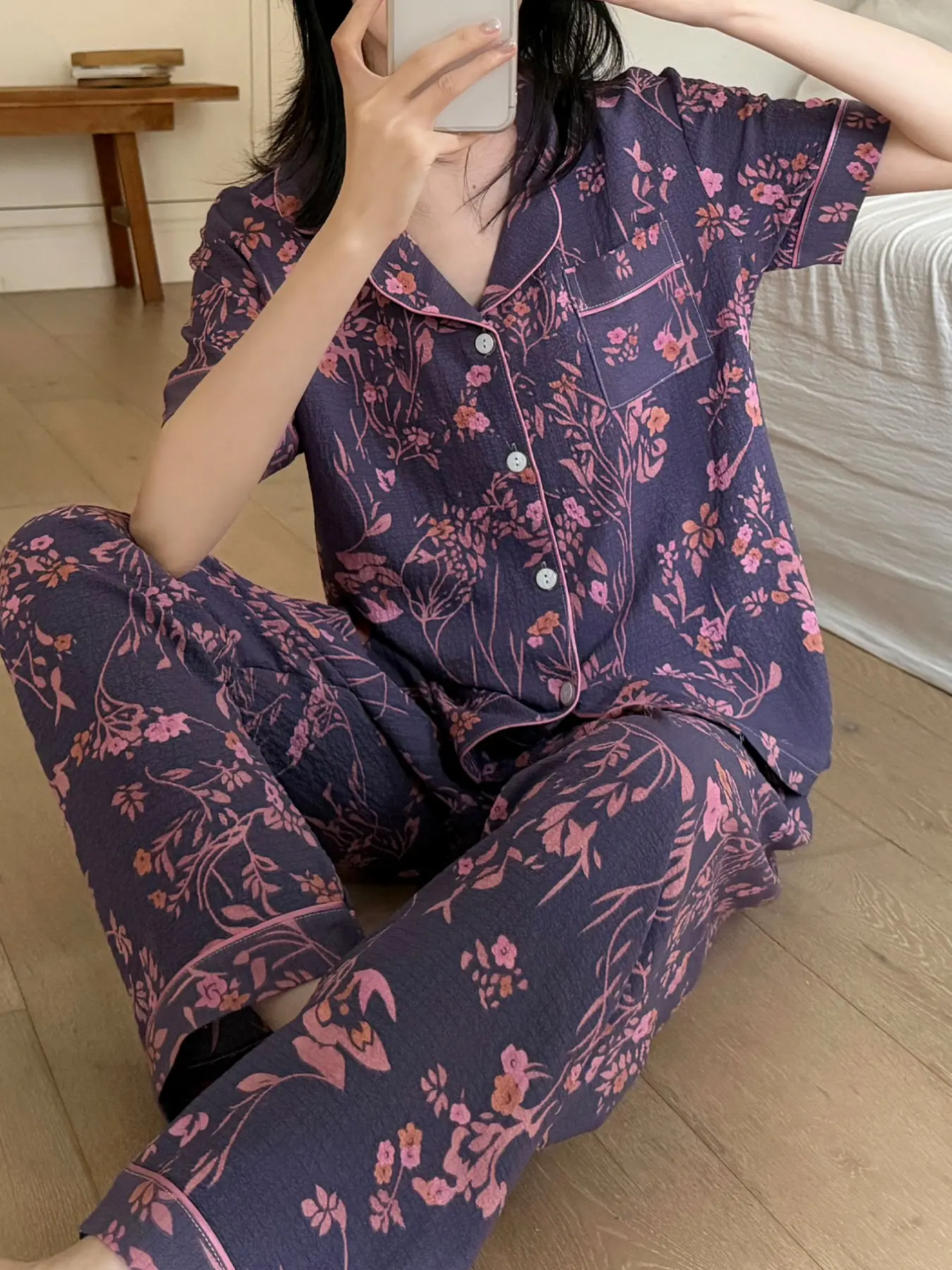 Elegant Floral Plant Print Short Sleeve Pajama Set, Women's Open Front Sleepwear, Casual Home Wear Loungewear Nightwear Set, Ankle Length, Loose-Fitting, Pyjamas