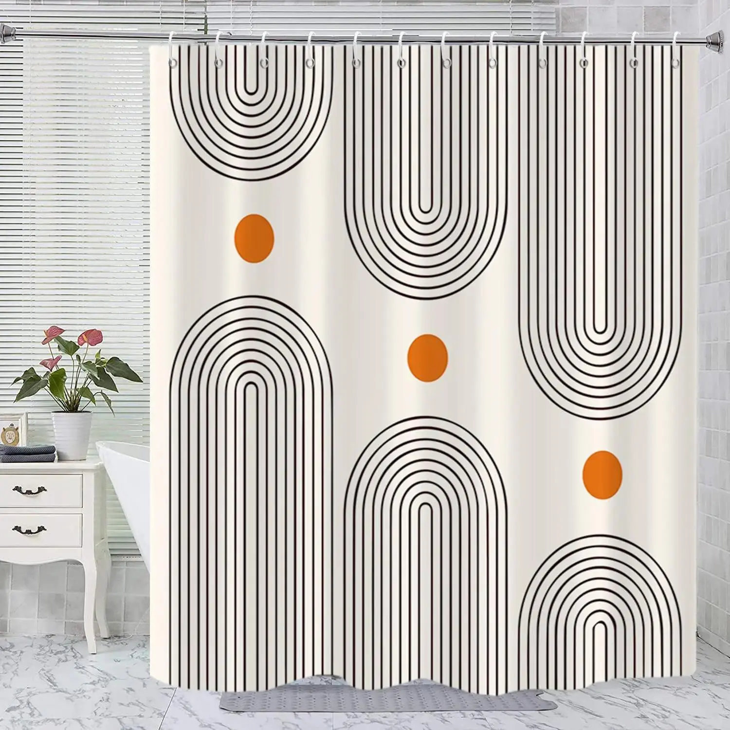 1pc Polyester Plastic Boho Mid-Century Shower Curtain with Hooks, Minimalist Abstract Arch Sun Design, Machine Washable Waterproof for Bathroom Bathtub Decor