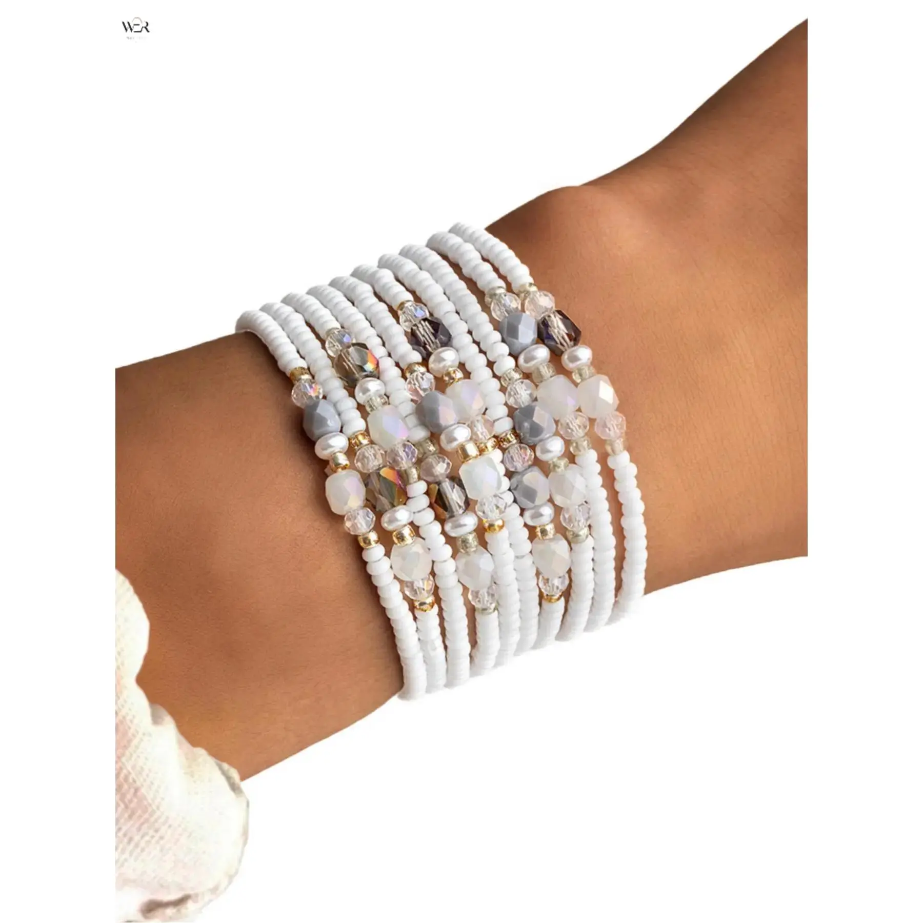 Women's 10-Layer White Seed Bead Stacked Bracelet Set - Multi-Strand Smoky Faceted Crystals Stretch Wrist Bands, Neutral Tones Boho Layered Daily Party Jewelry Gift, Stacked Bracelets, Stretch Cord