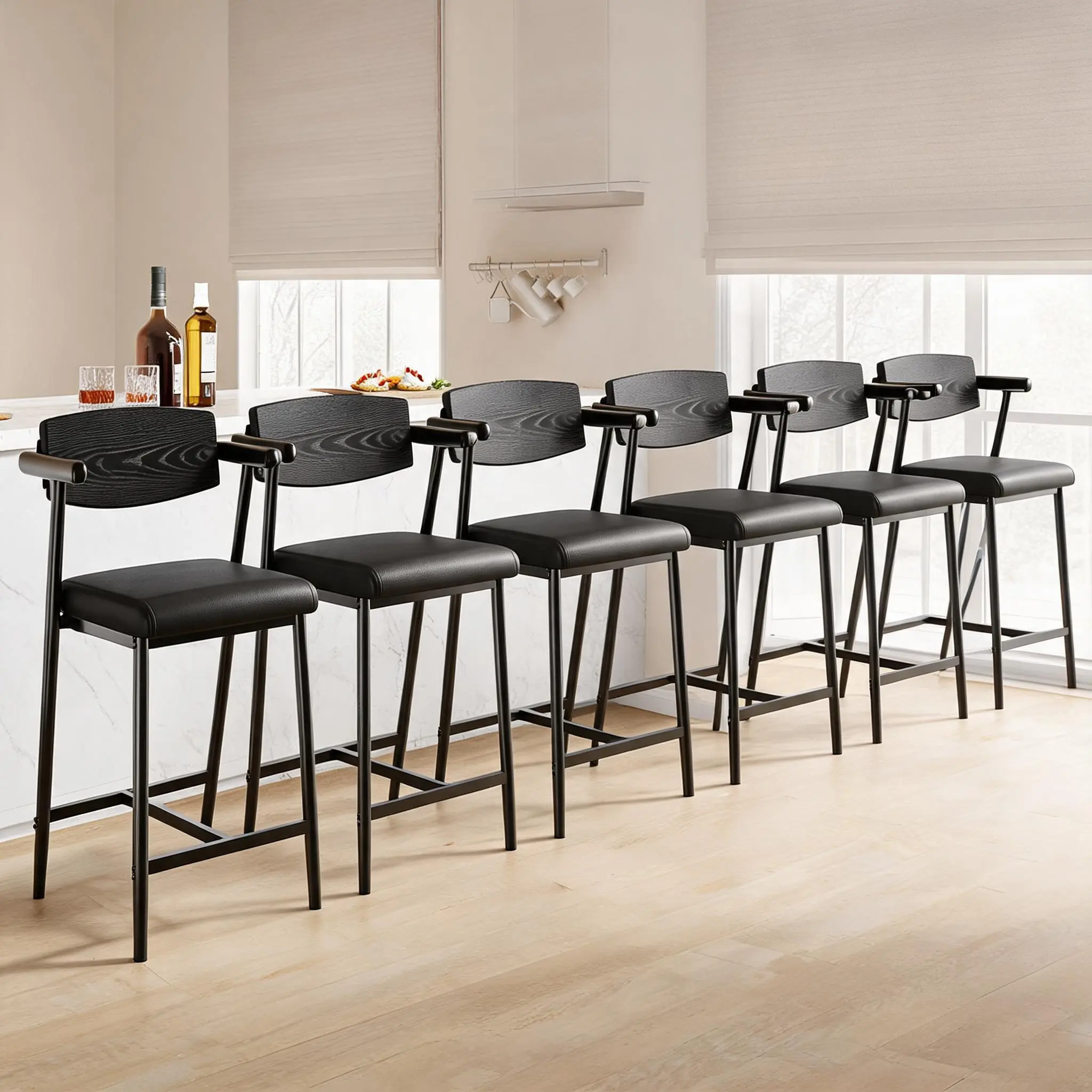 Modern 26" Counter Height Bar Stools Set of 6 with Arms – Metal Frame, Wood Back, Wide Ergonomic Seat, 400 lbs Capacity, Waterproof, Mark-Resistant, Footrest – Vintage Black, Ideal for Kitchen Island & Home Bar
