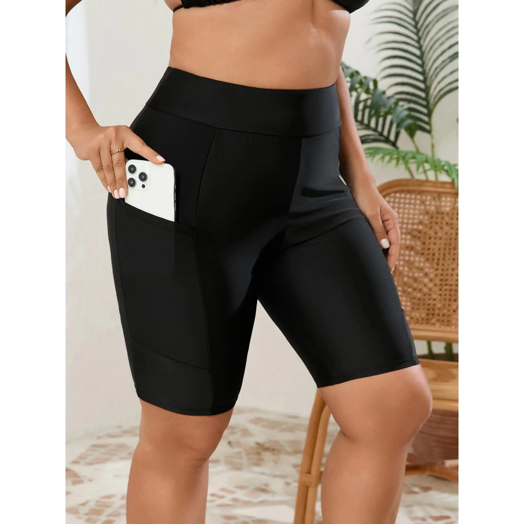 Plus Size Swim Capris for Women, Solid Knee-Length Breathable Swimming Shorts with Pockets, Capri, 3Xl