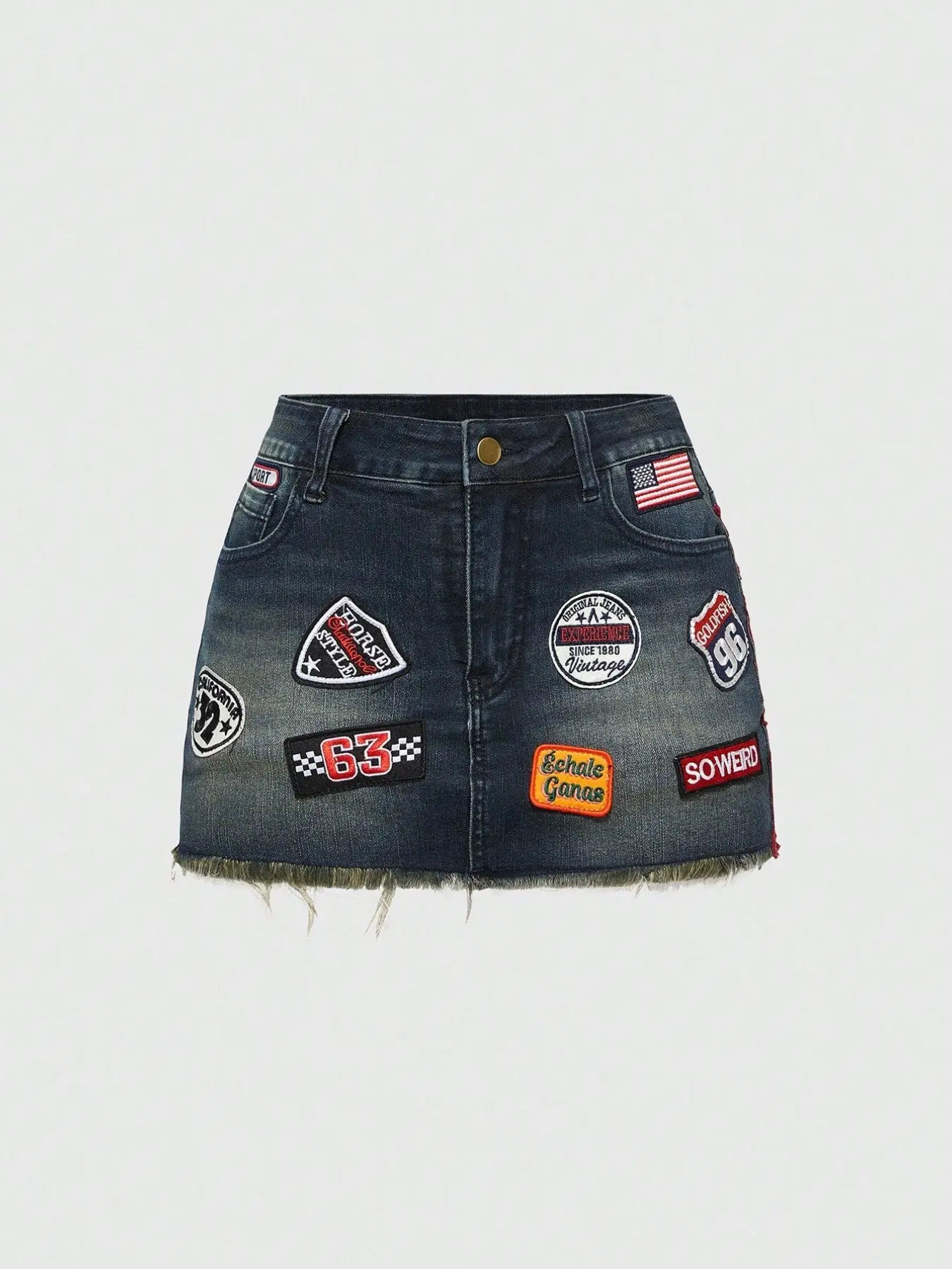 Young Trendy Women | Street/Date Outfit Streetwear | High Waist Multi-Badge Patch Red Number 8 Vintage Washed Denim Micro Mini Skirt | Spliced Distressed Process | American Hot-Girl Style Vibe | Figure-Flattering Eye-Catching Bottoms