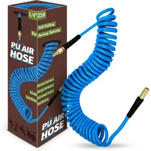 1/4 in x 25 ft Polyurethane Air Hose with Bend Restrictor, Air Compressor Hose with 1/4 Solid 100% Pure Copper Quick Connect Fittings and I/M Plug Kit, Coiled PU Air Hose 1/4", Blue