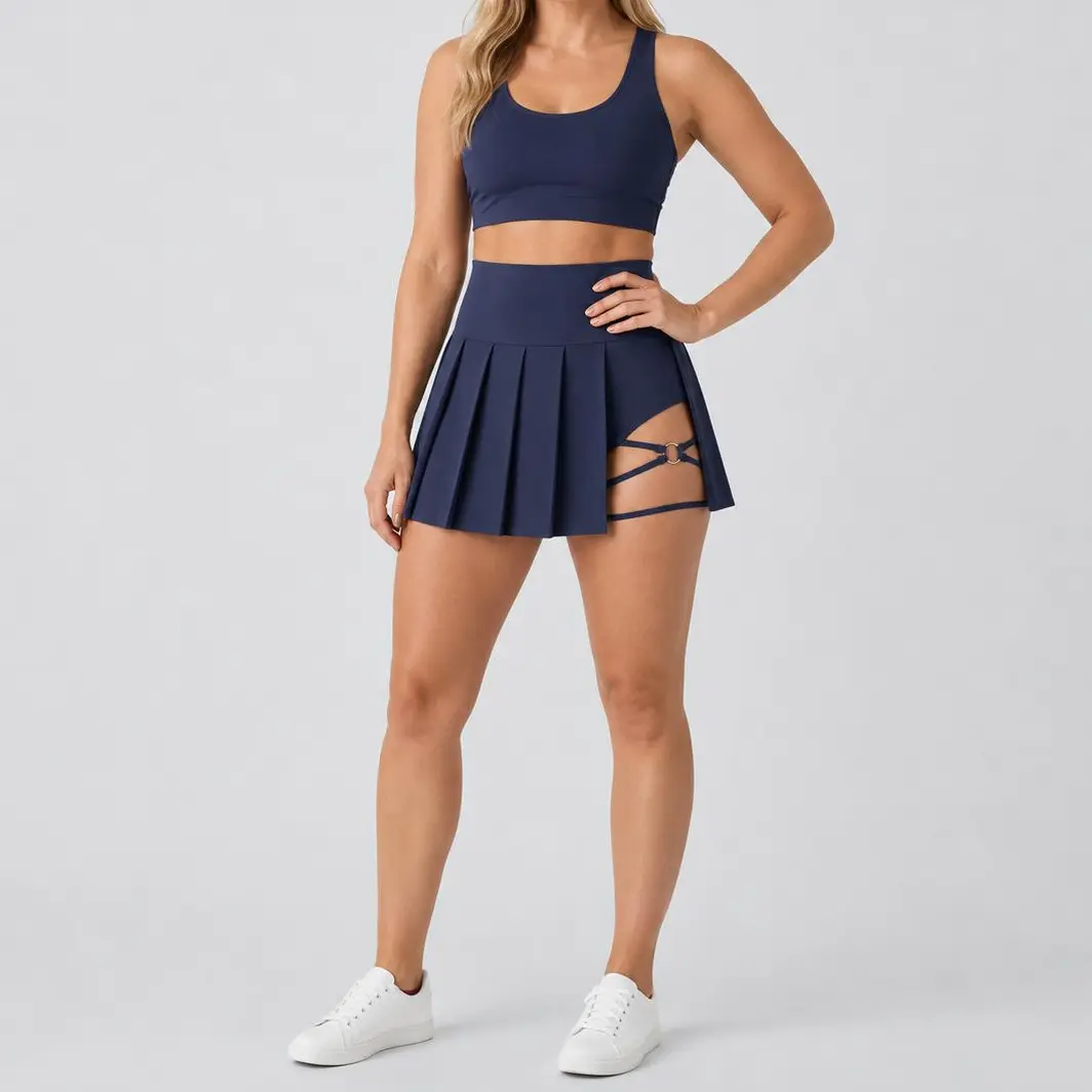 Women's High Waisted Pleated Mini Skort with Built-In Shorts, Cutout Strappy O-Ring Detail, A-Line Athletic Skirt for Workout, Golf, Pickleball, Dance, Festival, Club, Casual Summer Outfit, Y2K Going Out Style, Vacation Outfit
