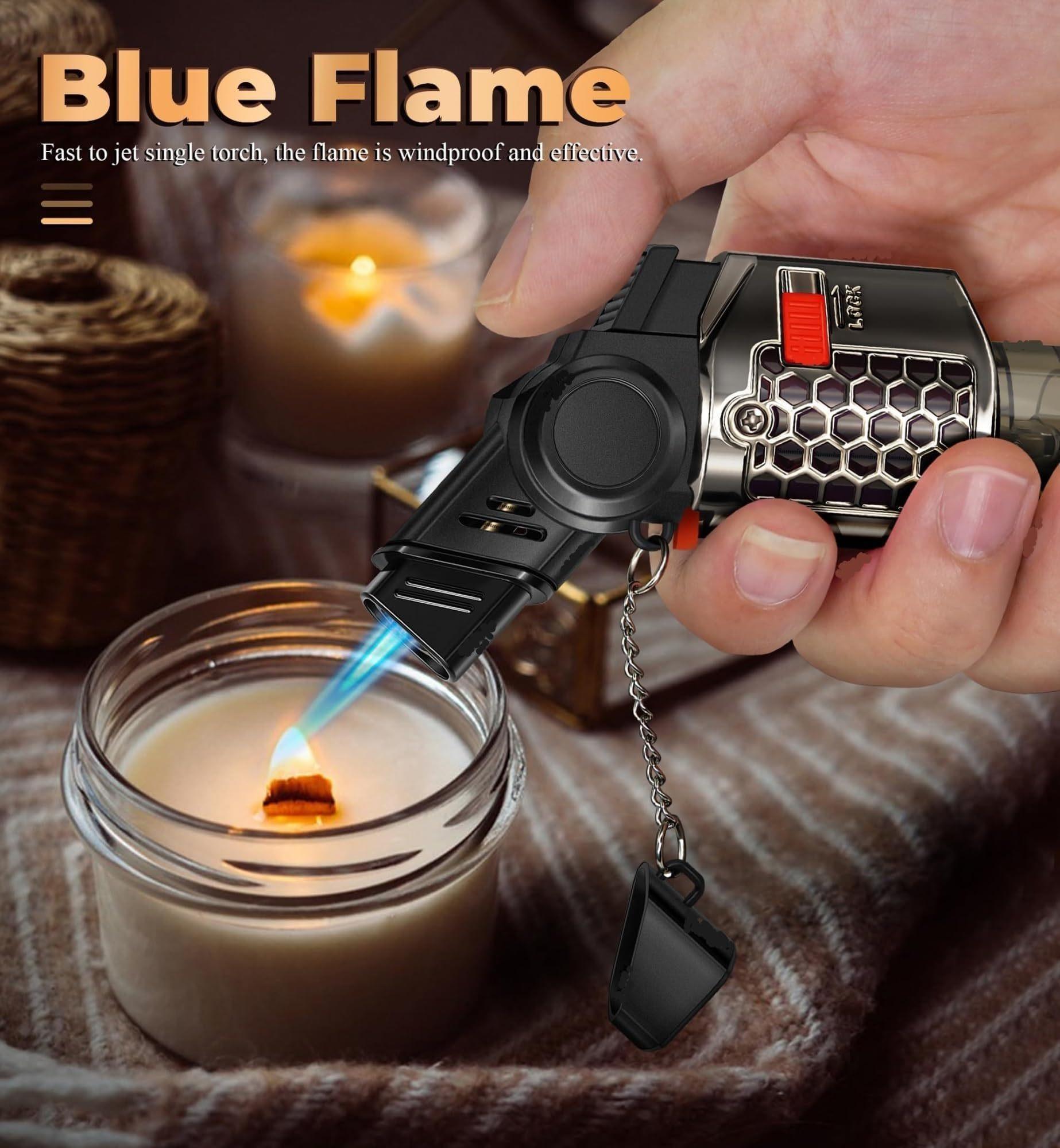 Compact Windproof Butane Torch Lighter with 15° & 45° Adjustable Swivel Ignition Head, Foldable Portable Design, Transparent Gas Tank with Safety Lock, Powerful Outdoor Welding Gun Lighter, Ideal Gift for Men (Butane Gas Not Included)