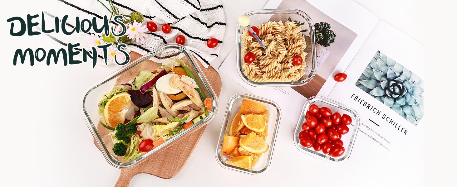 8 Pack Glass Food Storage Containers with Lids, Meal Prep Containers, Airtight Bento Boxes with Leak Proof Locking for Microwave, Oven, Freezer and Dishwasher, BPA Free