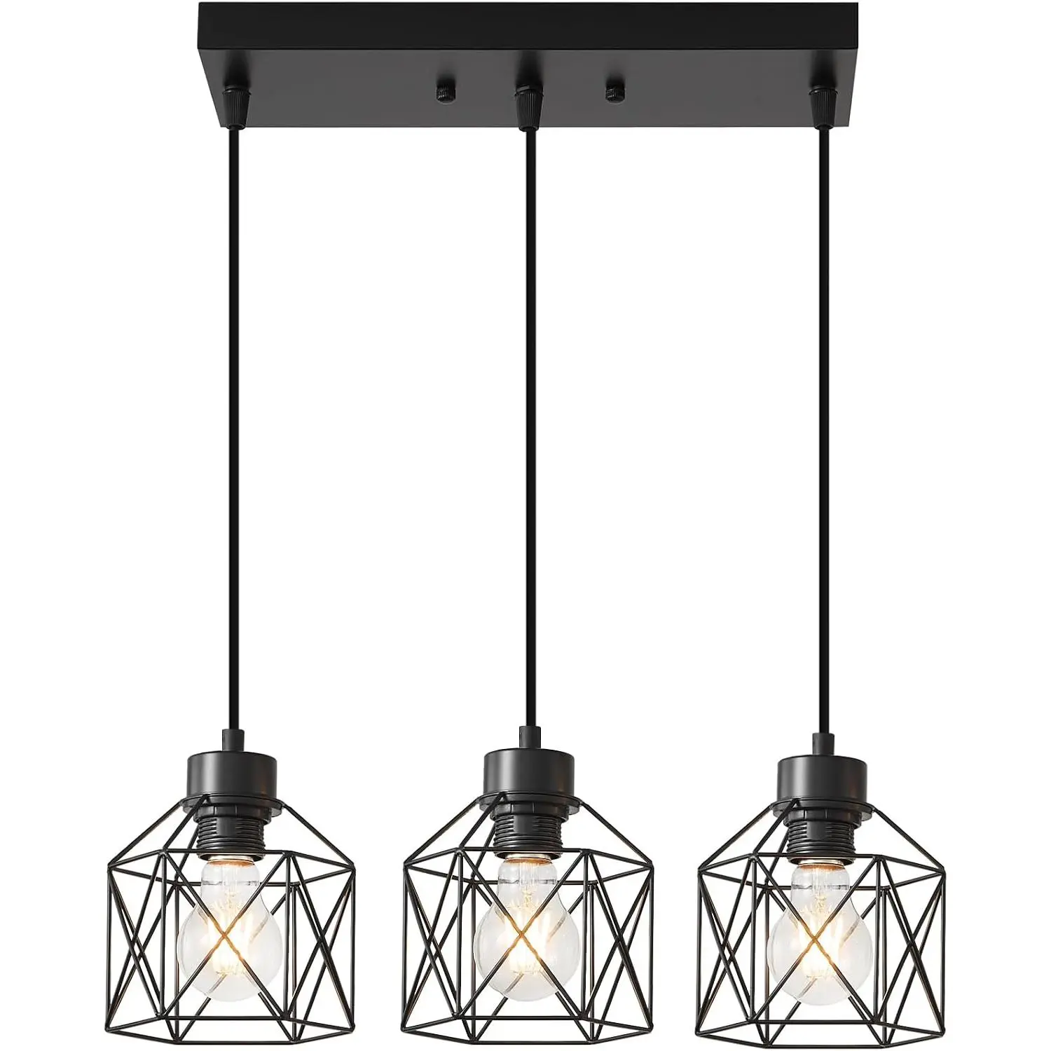 3-Light Hanging Pendant Light Fixtures, Farmhouse Kitchen Island Light, Industrial Pendant Lighting for Dining Room Bedroom Hallway, Black Metal Cage Lamp, E26 Base