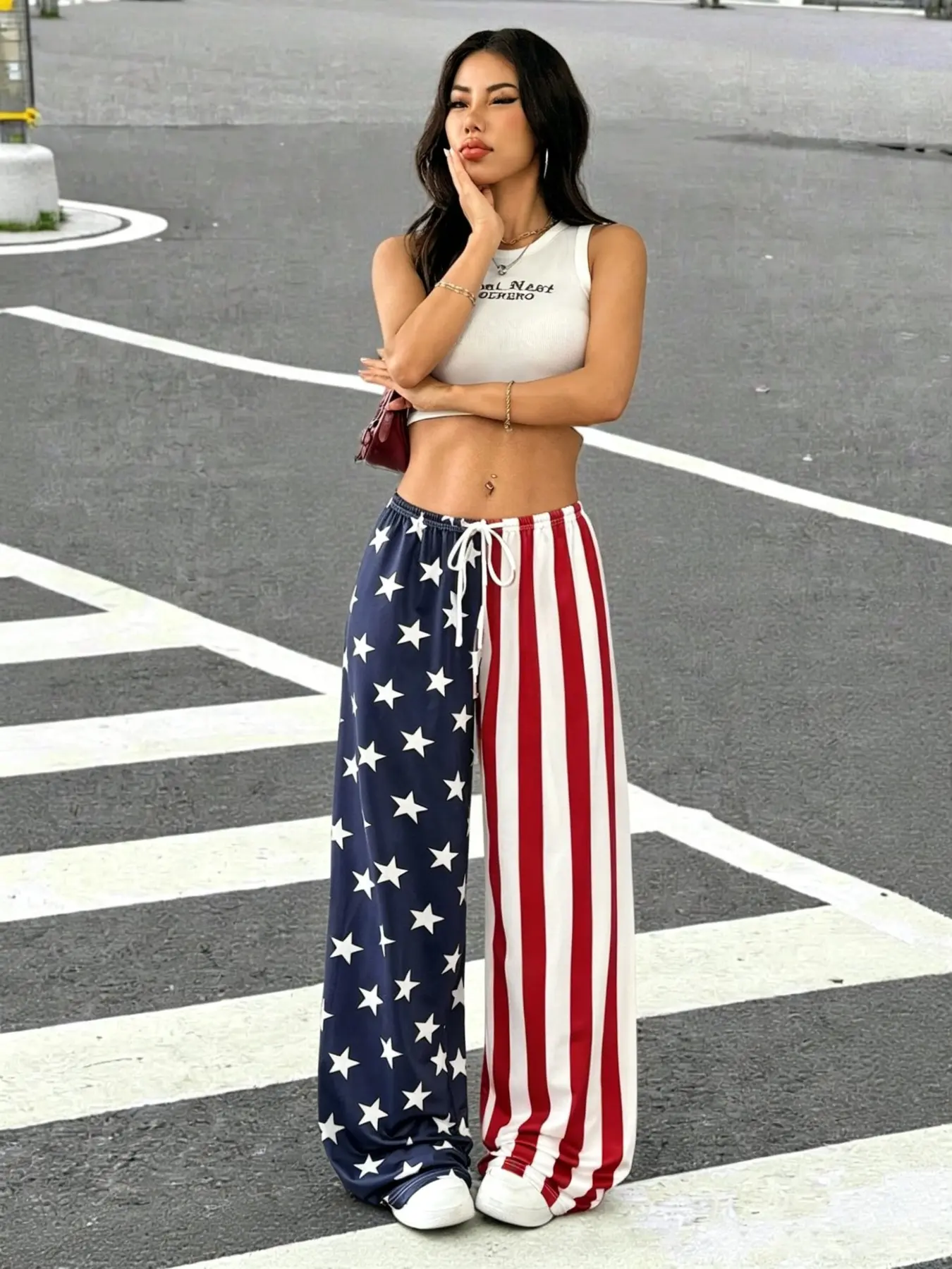 2026 Summer Retro Blue Patchwork Print High Waist Wide Leg Pants, Loose Fit Lazy Style Outerwear, Daily Wear Casual Pants