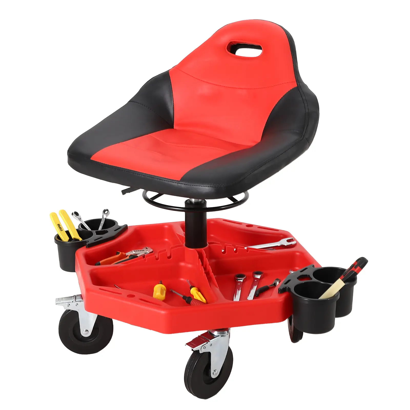 Adjustable Rolling Mechanic Stool - 300 lbs Capacity - Heavy Duty Garage Creeper Seat, Ergonomic Cushioned Seat, 360° Swivel, Removable Magnetic Tool Tray,5'' Locking Wheels, Removable Magnetic Tool