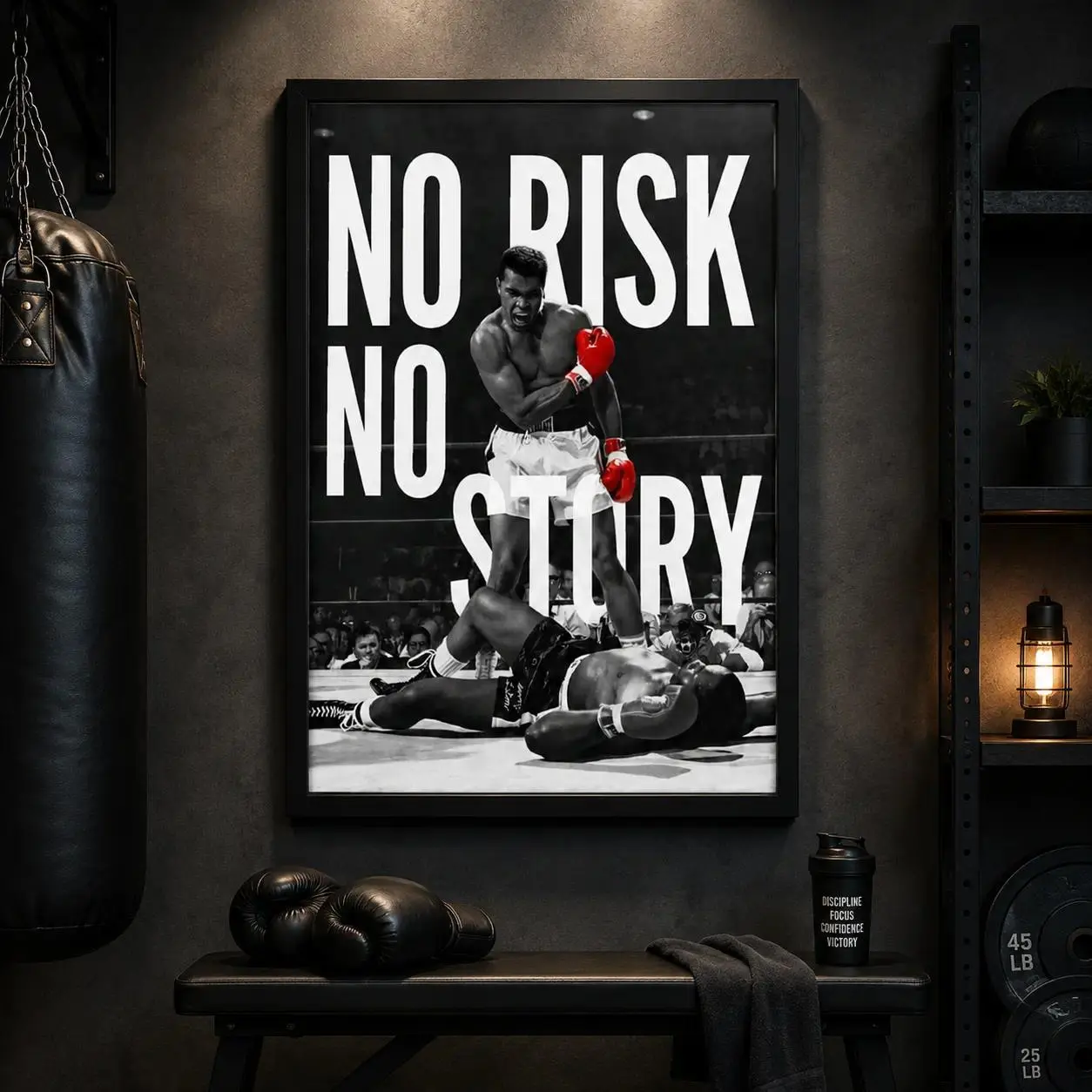 Motivational Boxing Wall Art Posters & Prints - "No Risk No Story" Quote, Vintage Athletic Canvas Art, Modern Fighter Mindset Aesthetic, Multi-Size 12x18-24x36 In Including 20"x30" In, Text Overlay, Secure Pack US Decor for Gym, Office, Gift Idea