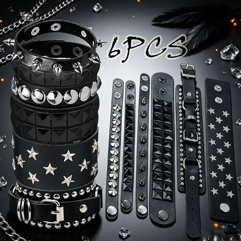 6pcs Punk Gothic Faux Leather Bracelet Set - Black Spike Rivet Star Studded Cuff Bracelets Adjustable Layered Rock Roll Halloween Cosplay Party Wristbands Jewelry Gifts for Women Men