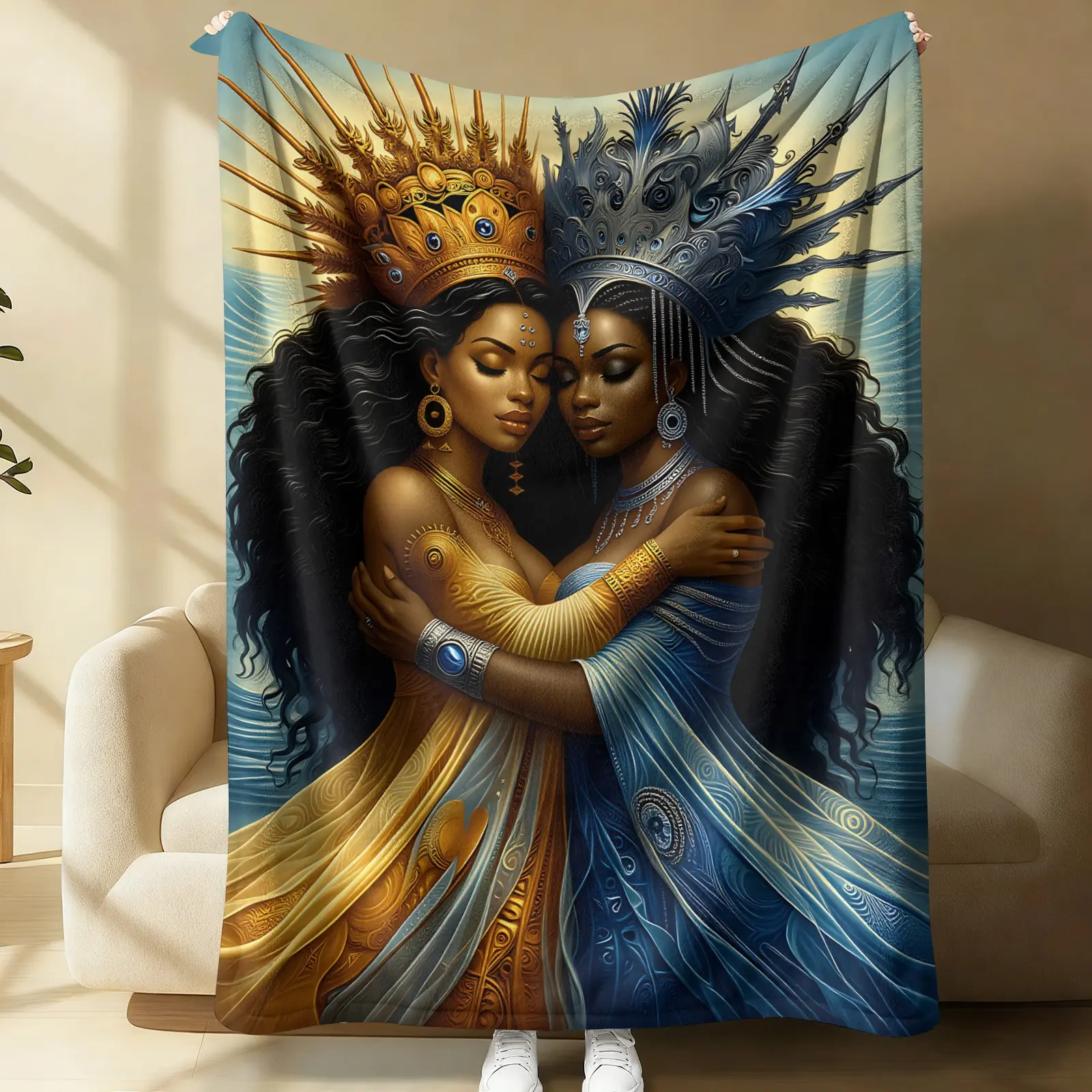 Oshun Yemoja African Orisha Goddess Flannel Cozy Blanket, Oversized Multi-Functional Lightweight Air Conditioning Throw, Soft Fleece for Home Napping Travel Camping Outdoor, Spiritual Gift For Black Women