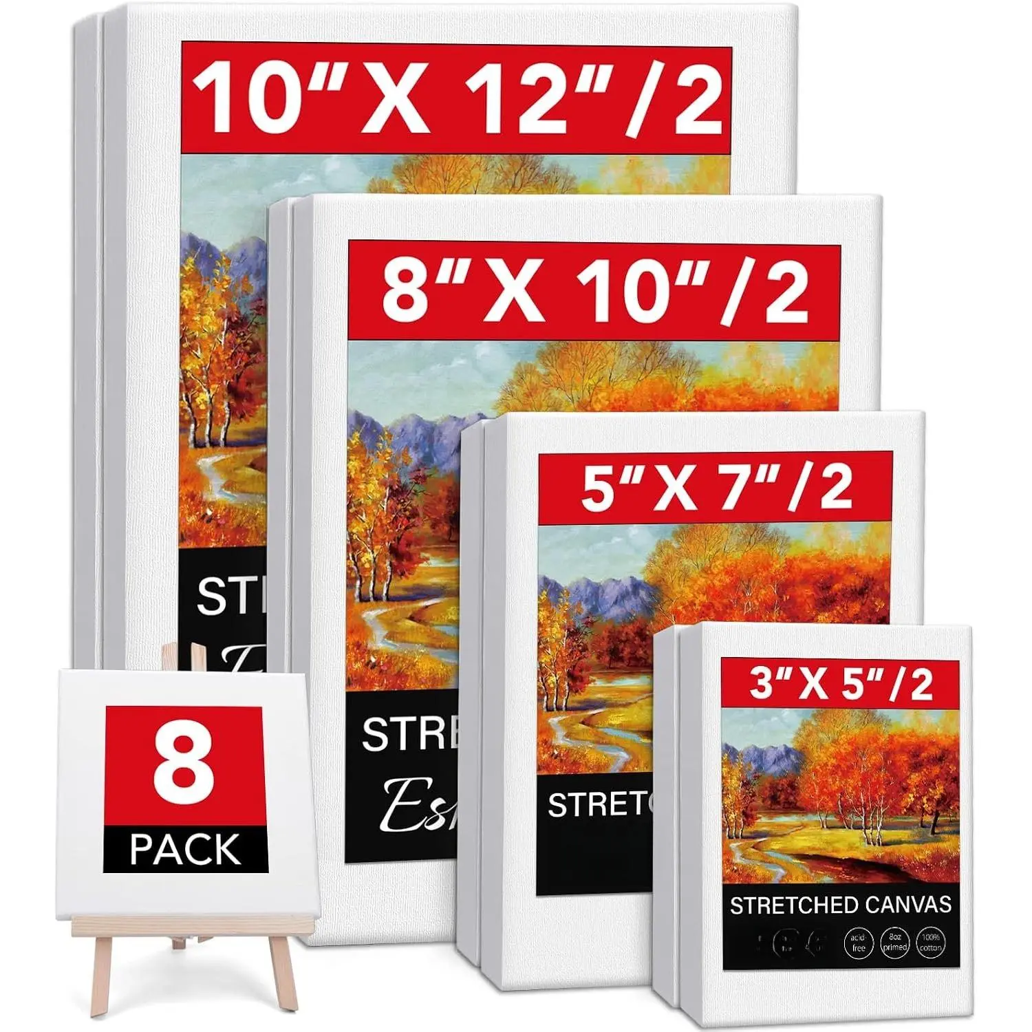 Stretched Canvases for Painting, 8 count Multi Pack Canvas 3x5”, 5x7”, 8x10”, 10x12”(2 of Each), Acid-Free  Frame Blank Canvas, Art Canvas Pre Primed for , Oil Painting, Tempera Paintings.