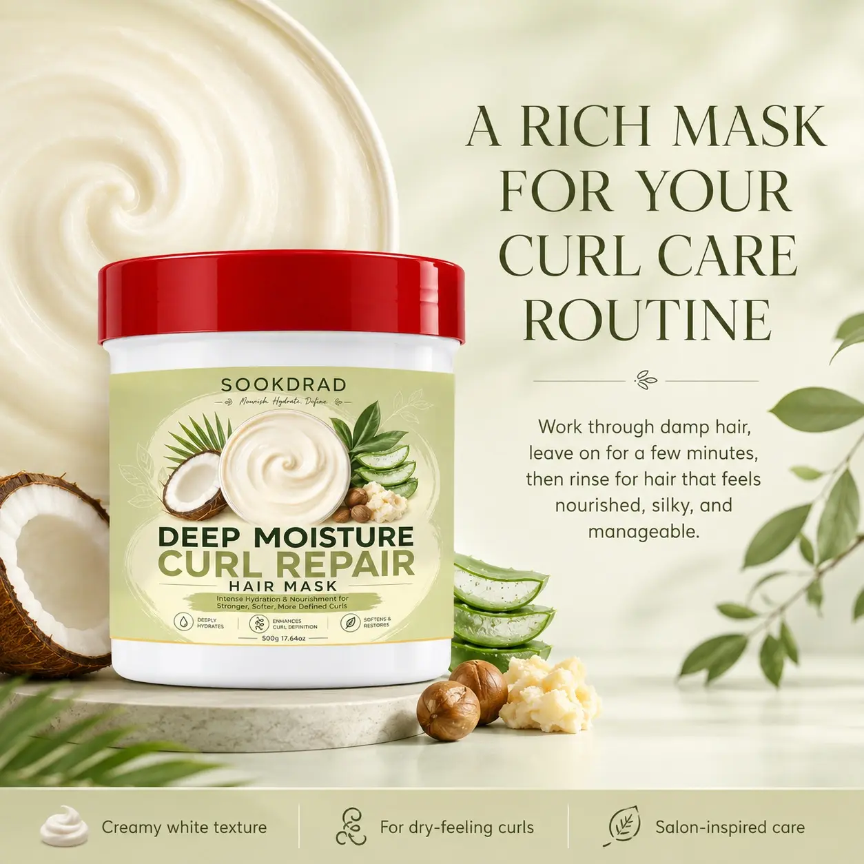 Deep Moisture Curl Repair Hair Mask, coconut, aloe vera, shea butter, Keratin Hydrating Formula, deeply hydrating, enhances curl definition, softens and restores, for curly hair, 500g/17.64oz