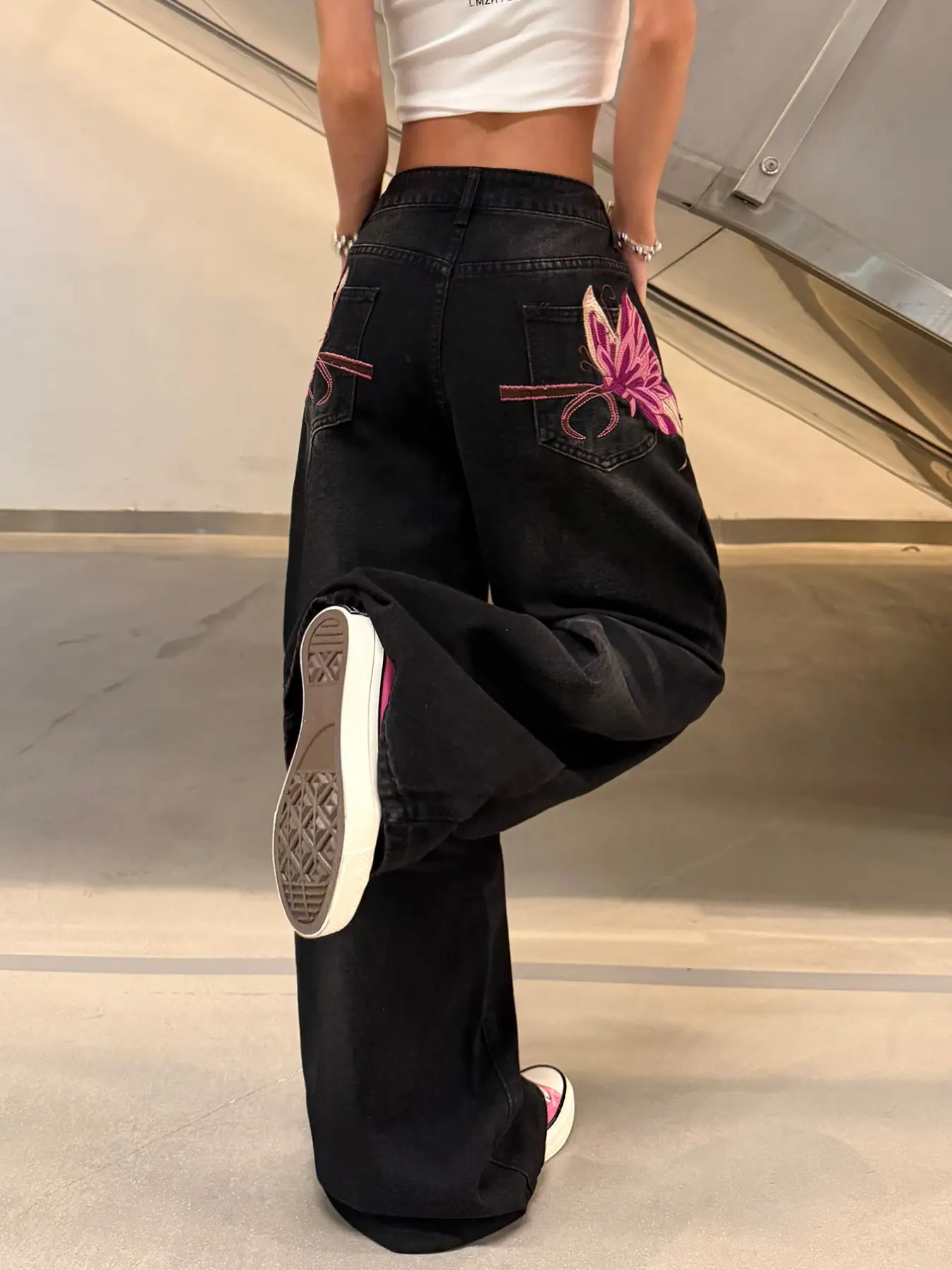 Women's Vintage Washed Denim Jeans, Pants, High Waist Butterfly Embroidery, Wide Leg Straight Fit, Y2K Street Fashion, All Seasons