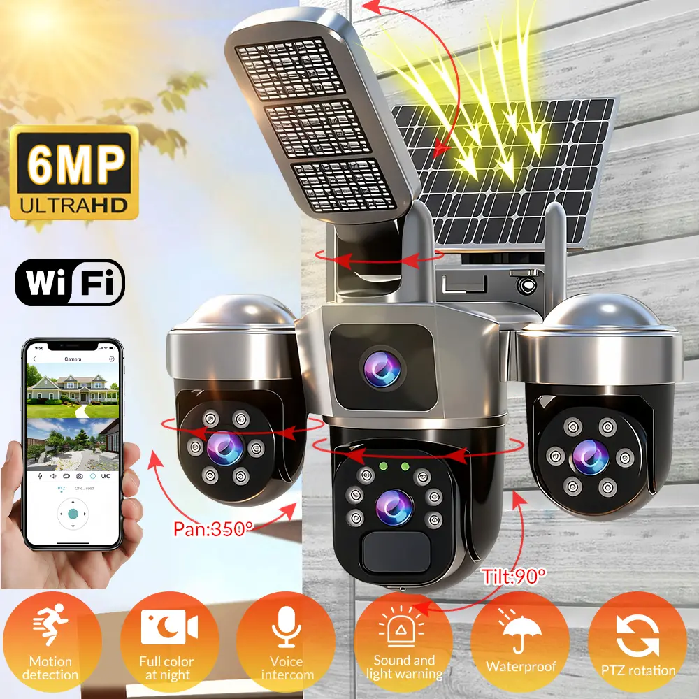 Solar WiFi Security Camera, 1080P HD CCTV Camera with Spotlight, PIR Motion Detection, Color Night Vision, Waterproof Wireless Camera, Dual Lenses, Automatic Tracking, Black