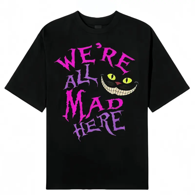 Women’s Retro "We’re All Mad Here" Cheshire Cat Graphic Loose Cotton T-Shirt Funny Mad Hatter Quote Crewneck Casual Summer Streetwear Short Sleeve Top