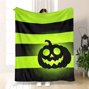 1Pc Glowing Jack-O-Lantern Neon Green & Black Striped Flannel Blanket - Heavy-Duty 280GSM Bedspread Suitable For Halloween, Travel, Camping, Couch - 3 Sizes (30X40In, 50X60In, 60X80In) - Cozy Bed Gift For S &