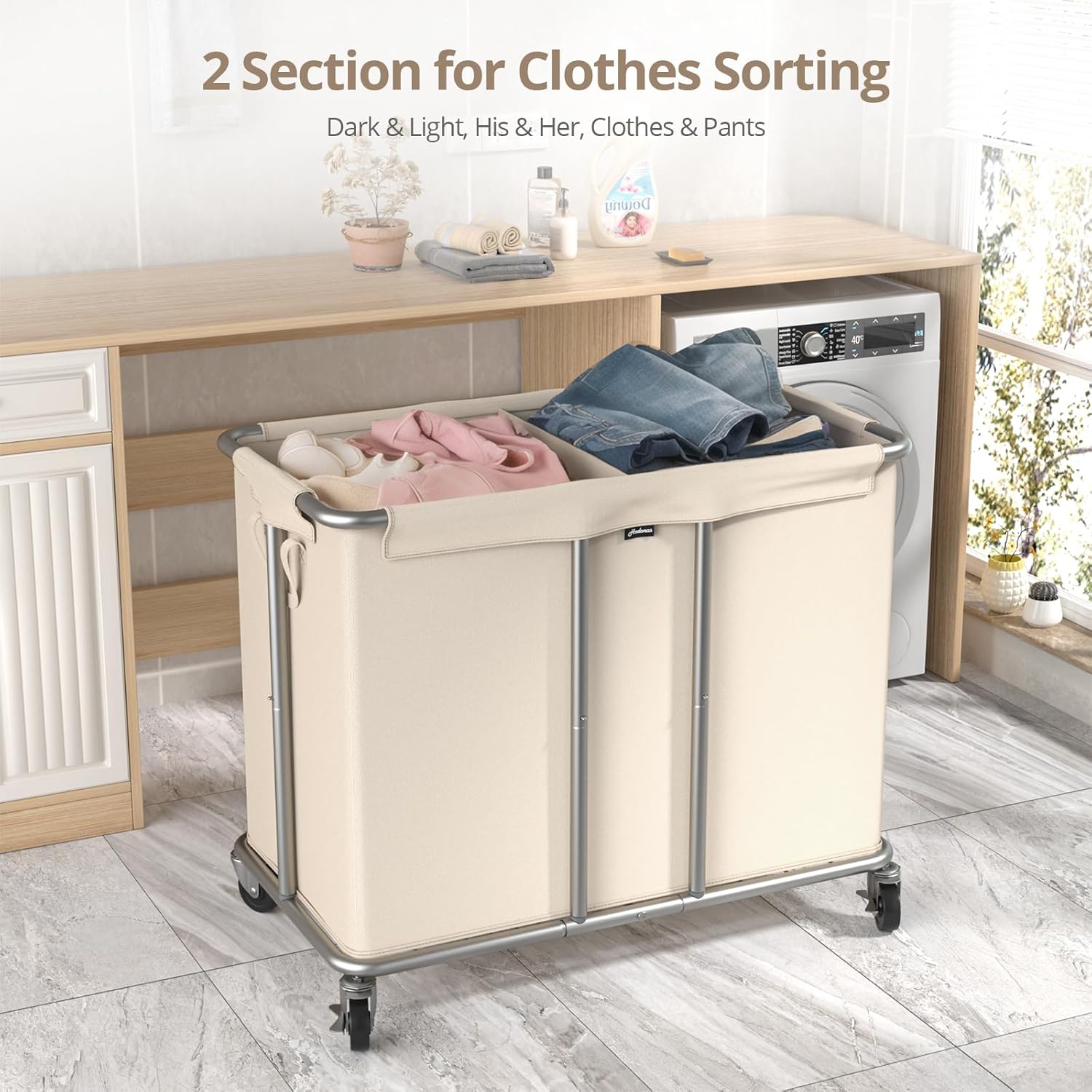 SUNDAY MIRTH 230L Rolling Laundry Hamper, 2-Section Laundry Basket with Wheels, 61 Gallons Laundry Sorter with Metal Structure and Removable Liner, Clothes Hamper for Laundry Room, Bathroom, Bedroom, Beige