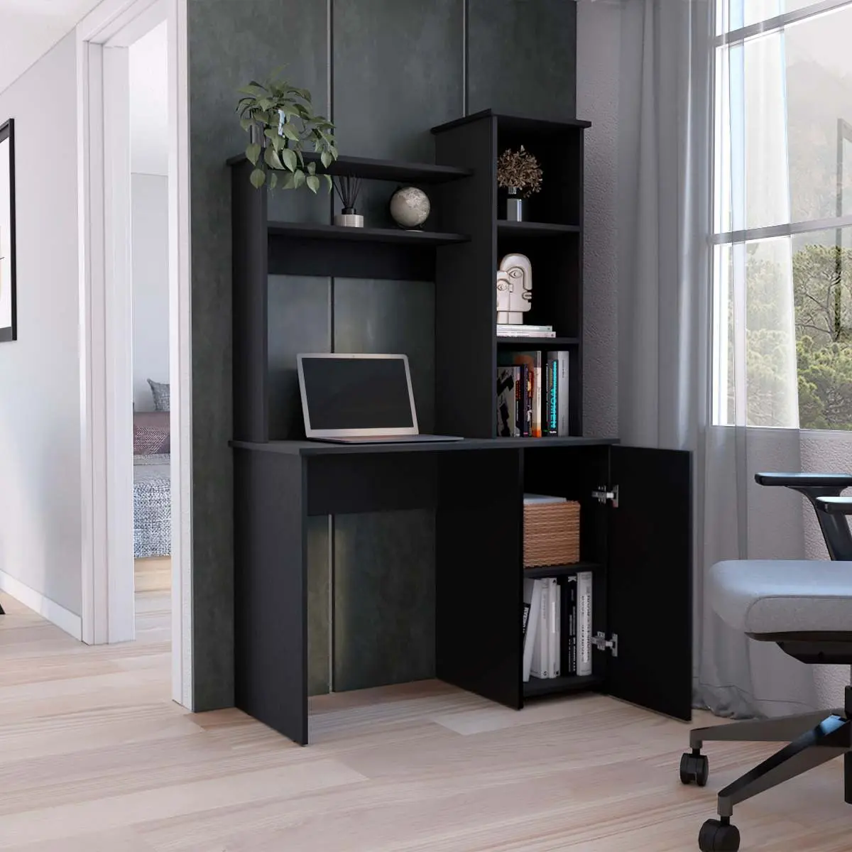 Muncy Computer Desk with Ample Work Surface, Hutch Storage and Single Door Cabinet with 3-Tier Shelves, White On-Site