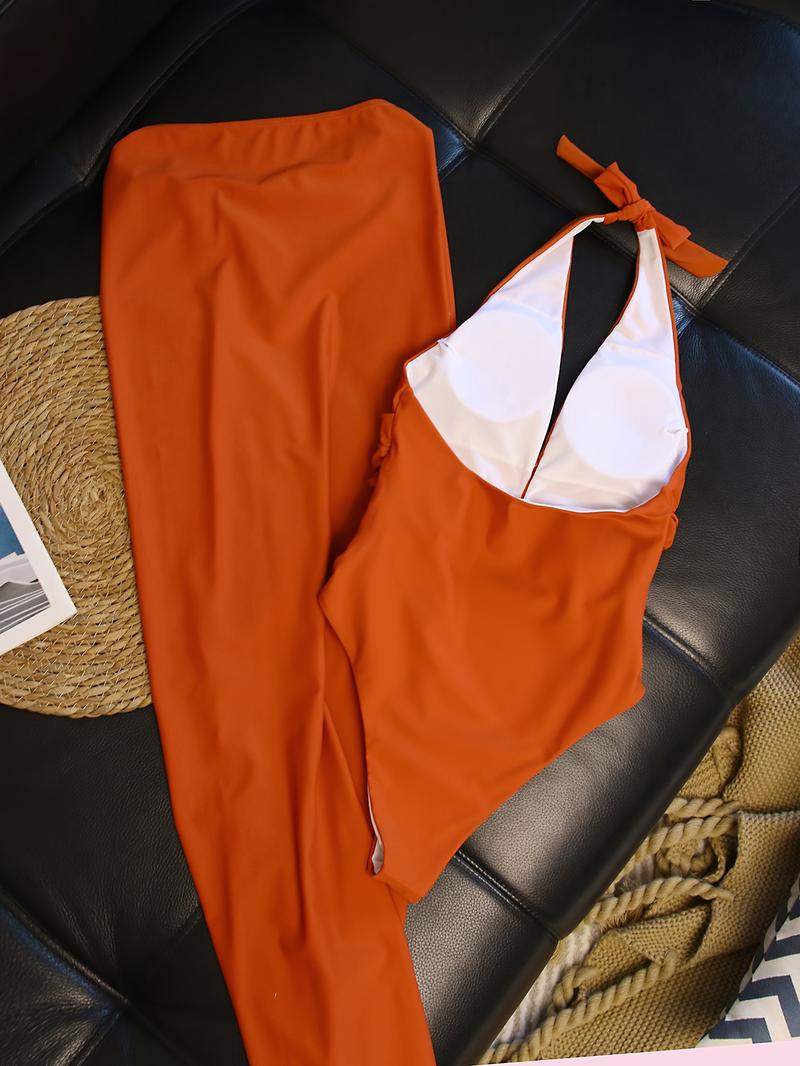 EDOLYNSA Solid Color Starfish Decorated Backless Lace-Up Orange Red One-Piece Swimsuit with High Slit Skirt Two-Piece Set Sexy Swimwear Holiday Pool Party Women's Elegant Bikini Set Fashion 2pcs Bikini Set with Beach Skirt K59