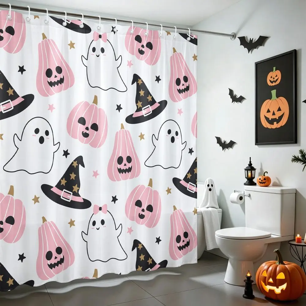 1Pcs Cute Pink Halloween Shower Curtain, Kawaii Ghost and Pumpkin Print Bathtub Privacy Curtain, Waterproof Cloth Fabric Bathroom Decor Set for Kids Girls Holiday Home Decor with 12 Hooks
