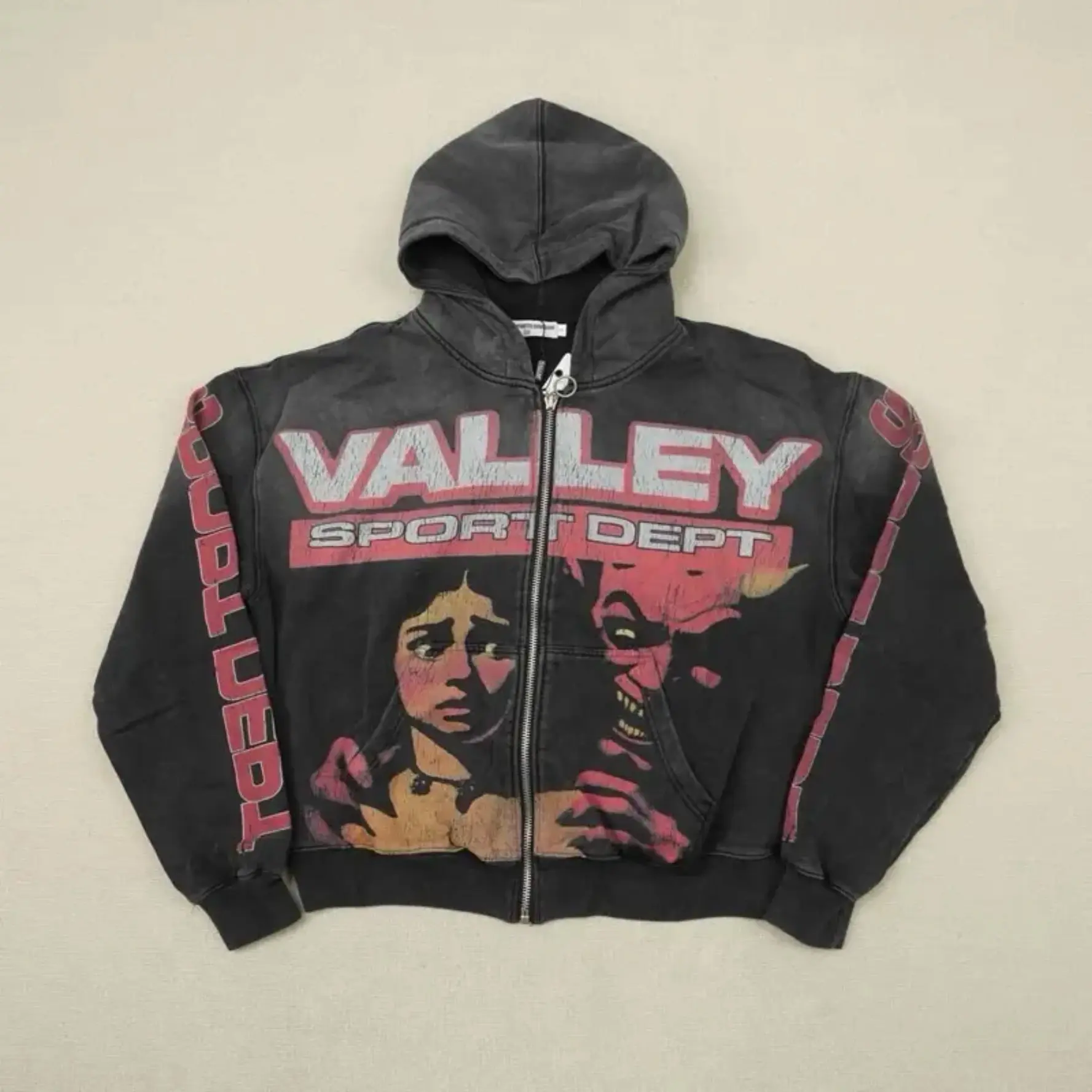VALLEY SPORT DEPT Devil & Woman Vintage Washed Zip Up Hoodie 100% Cotton Loose Oversized Y2K Gothic Sweatshirt Autumn Winter Streetwear Jacket Top Men Women Unisex