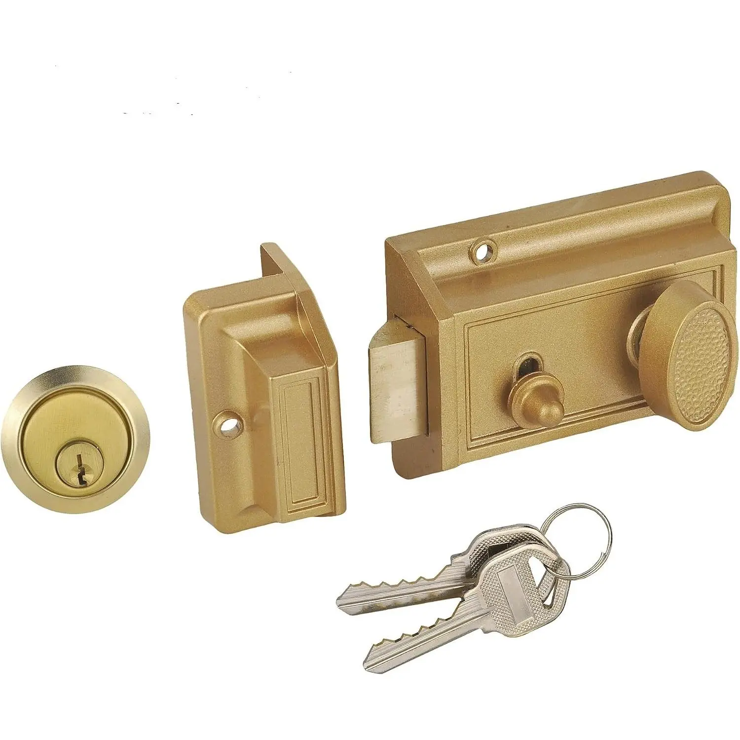 Antique Night Latch Deadbolt Rim Lock with Keys for Front Door, Gold FinishGift