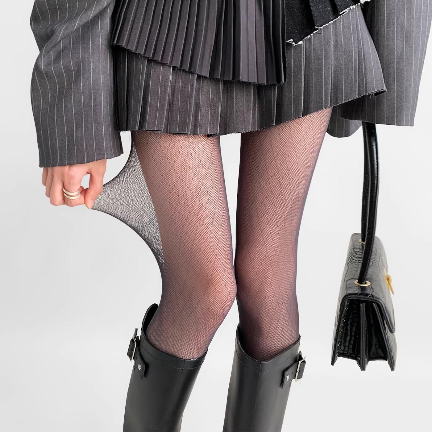 Women's black fishnet pantyhose, spring/summer high-transparency sexy mesh stockings, slimming diamond pattern gray stockings, anti-snag