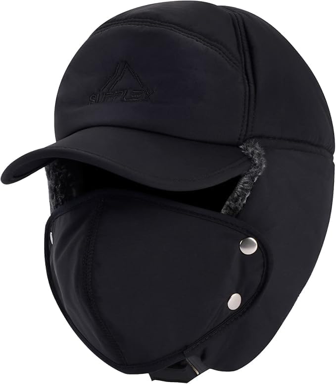 Men Trapper Hat Thermal Faux Fur Lined, Trooper Aviator Hat, Winter Windproof Hat Ear Flaps Removable Warm Mask, 3 1 Black