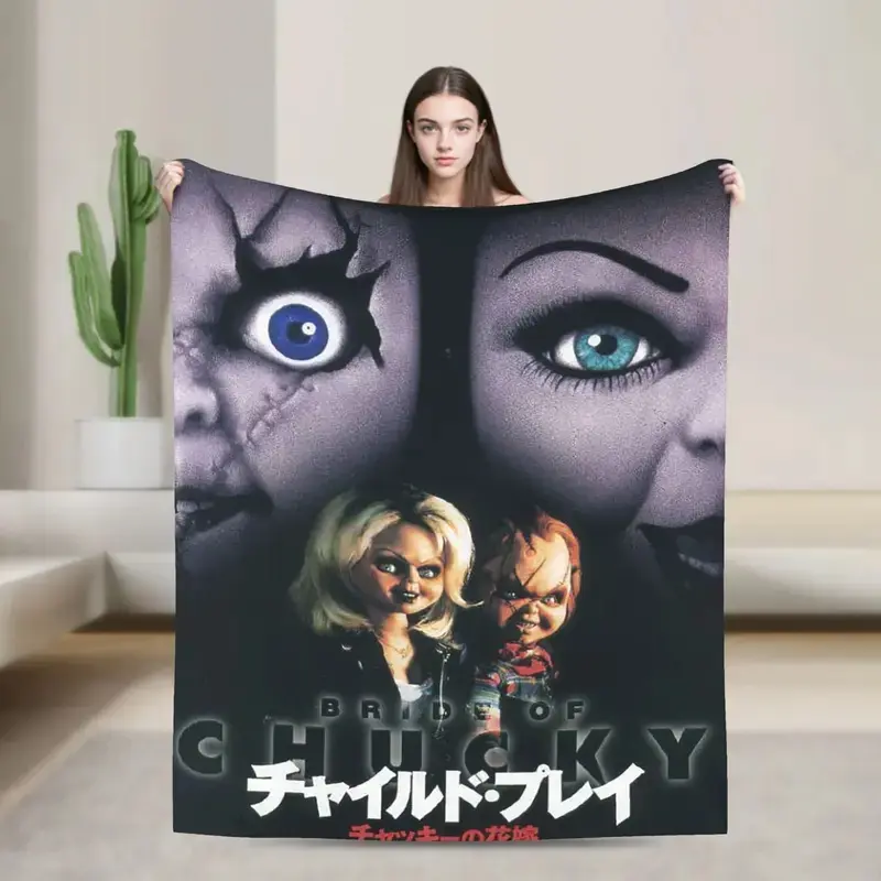 Bride of Chucky Japanese Movie Poster Flannel Throw Blanket Chucky Tiffany Close-Up Eyes Horror Doll Couple Warm Blanket Gift Slasher Horror Fans All Ages