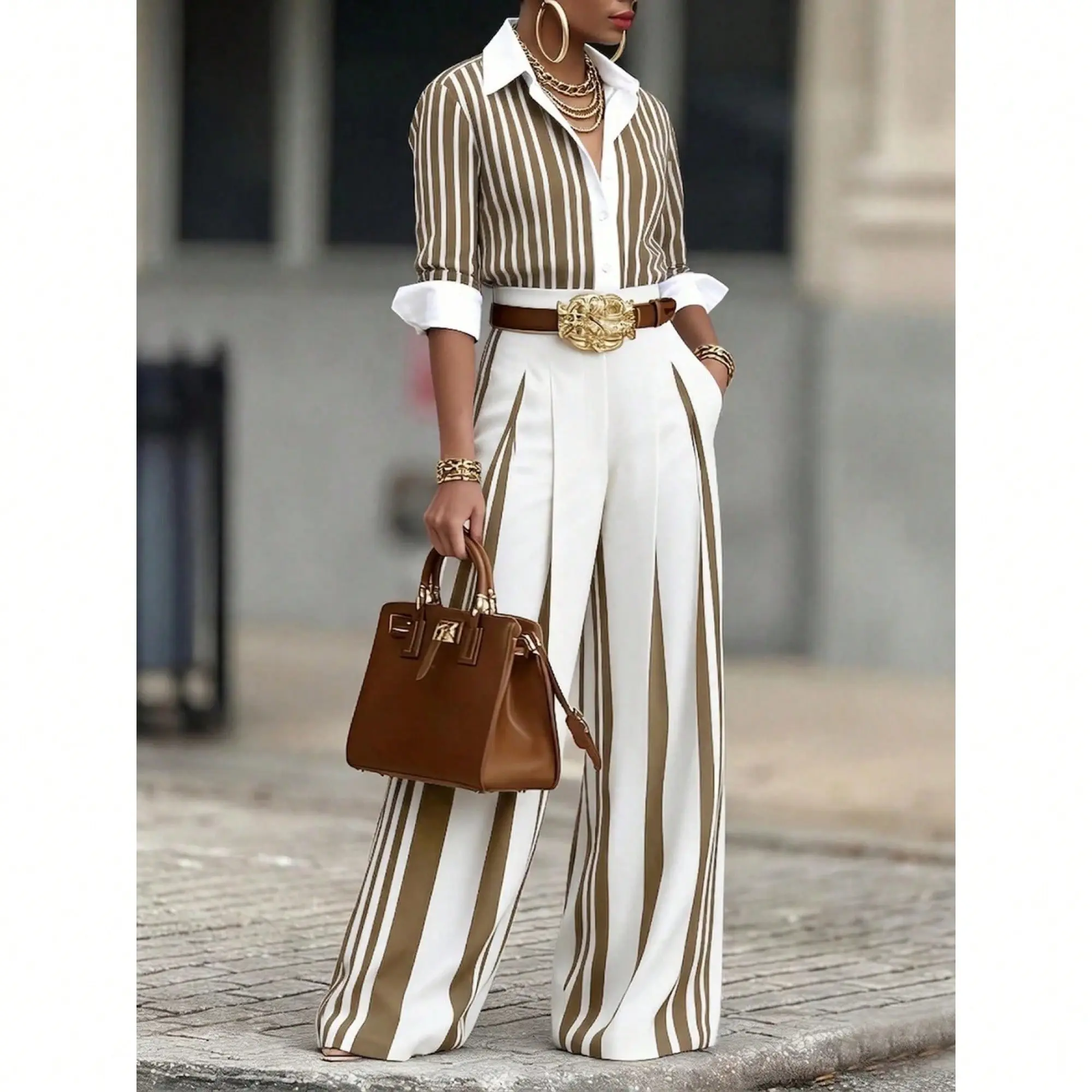 Women's Striped Co-Ord Set, Long Sleeve Top & Belted Wide-Leg Pants, Elegant Outfit for Business & Daily Wear (Belt Included)