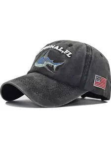 Original Fl Letter Embroidered Baseball Cap, Shark and Usa Flag Embroidery, Adjustable Size, Unisex Fashion Hat
