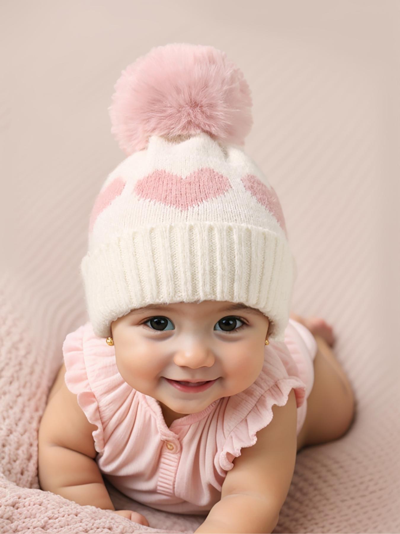 Newborn Knit Hat for Babies 1-3 Years Old, Heart Design Fuzzy Ball Beanie, Warm Winter Outdoor Cap, Casual Daily Commute Wear, Winter Skull Cap