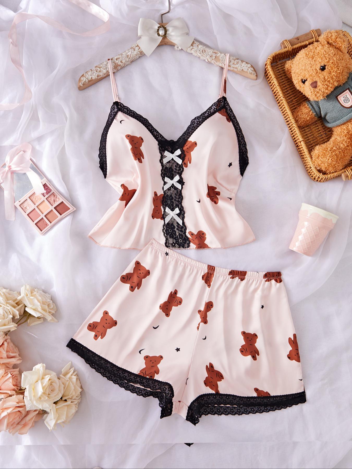 Women's Bow Decor Contrast Lace Spaghetti Strap Cami Top & Elastic Waist Shorts Pyjama, Casual Comfortable Pajama Set for Women, Women's Sleepwear for All Seasons